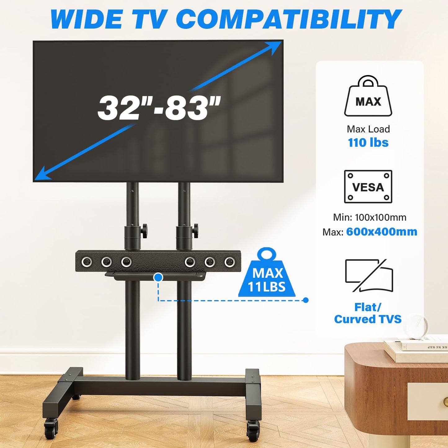 Rfiver Mobile TV Cart Rolling TV Stand for 32-83 Inch Screens up to 110lbs, Portable TV Stand on Wheels with Height Adjustable Shelf, Outdoor TV Stands Mount for Home Office MAX VESA 600x400mm, Black