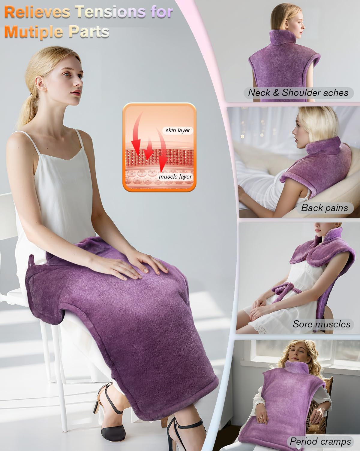 Heating Pad for Neck and Shoulders and Back, Pain Relief Electric Heating Pad Large Size 24”X33” with 4 Timers, 6 Heat Levels and Auto-Off, Birthday Gifts for Women Men Mom Wife and Grandma - Purple