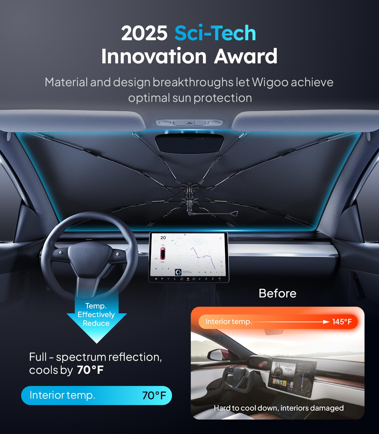 2025 Ice-Shield Car Windshield Sun Shade [100% Sun Block, 4th-Gen Cooling Tech] Reflective Heat Insulation, Portable Foldable Front Window Sunshade Umbrella for Sedans/SUVs - Universal Fit 57"x32"