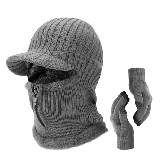 TAGVO Winter Unisex Knitted Balaclava Face Mask Cover with Touch Screen Gloves, Thick Warm Fleece Lining Beanies Hat Elastic Neck Warmer, Windproof Thermal Skiing Mask for Adults Outdoor Sports