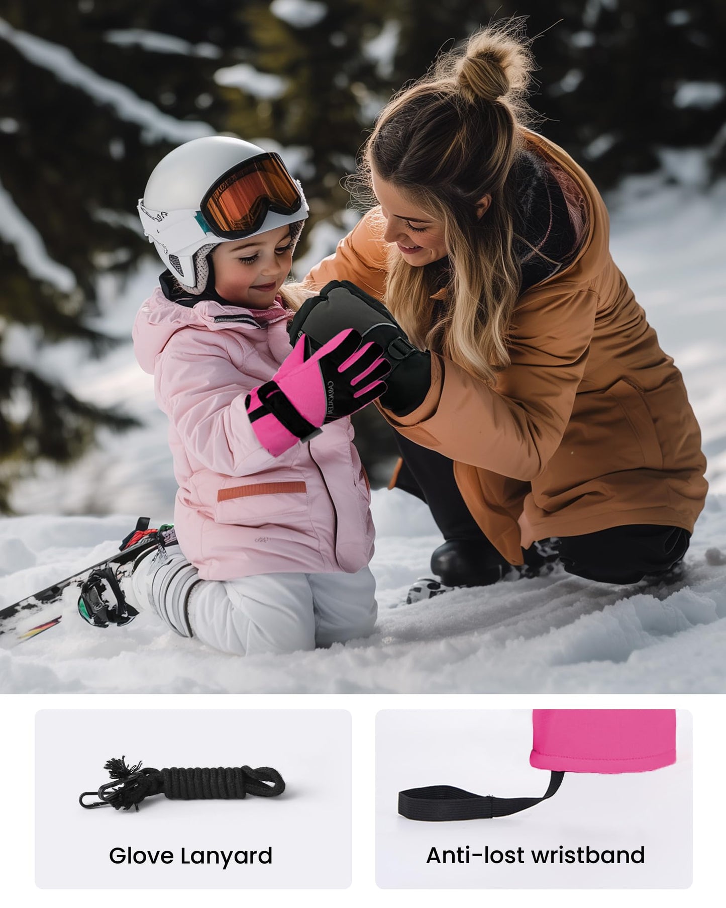 Caracaleap Snow Gloves for Kids 8-12, Kids Snow Ski Gloves Waterproof Thinsulate Warm Winter Gloves for Boys Girls 6-8 Black 10-12Y Hot Pink 10-12Y
