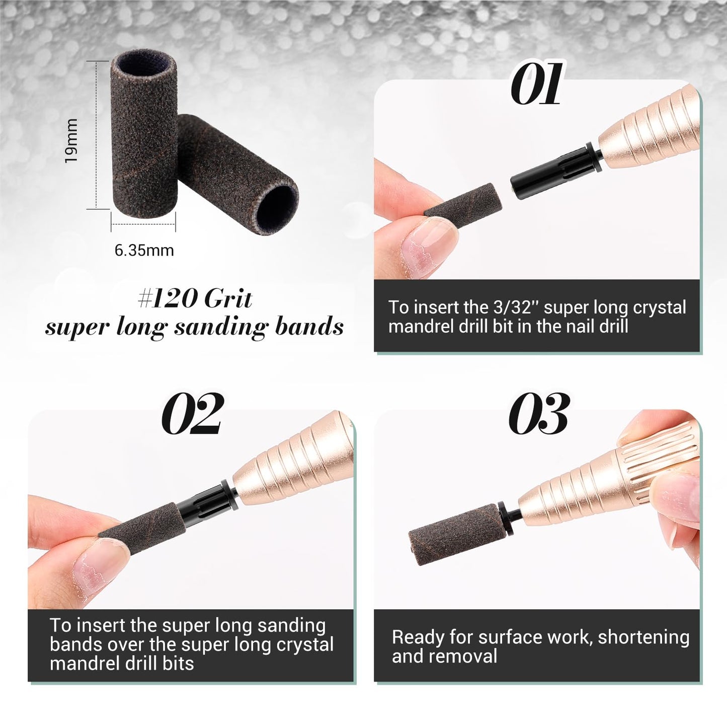 MelodySusie 50 Pcs Nail Drill Bits Super Long Sanding Bands with 6.65mm Crystal Mandrel Bit, 120 Medium Grit Nail File for Acrylic Nails Gel Manicures and Pedicure, Black
