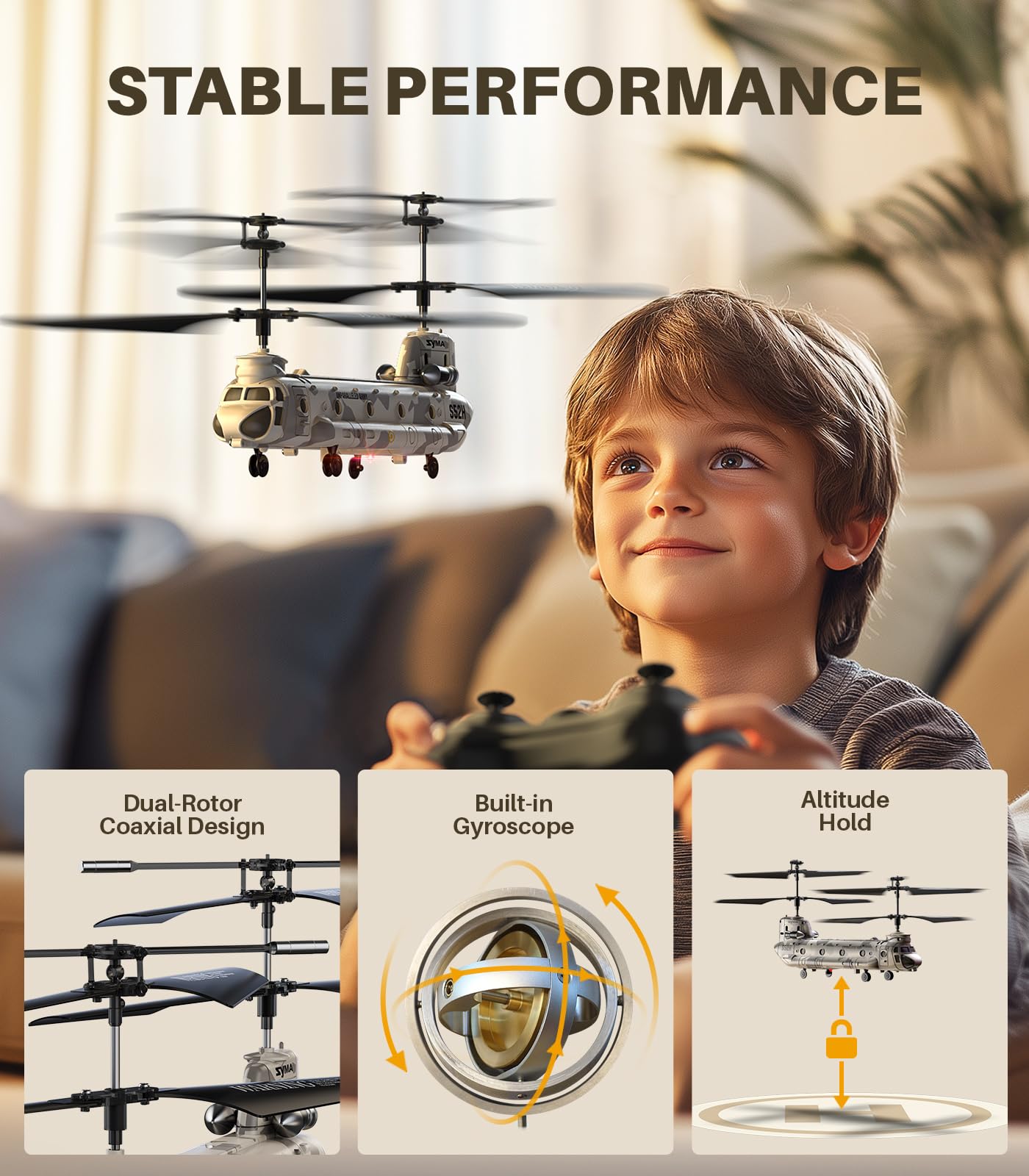 SYMA Remote Control Helicopter, S52H Military Transport RC Helicopters with Altitude Hold, One Key take Off/Landing, LED Light, Low Battery Reminder, Army Toys for Kids and Military Fans