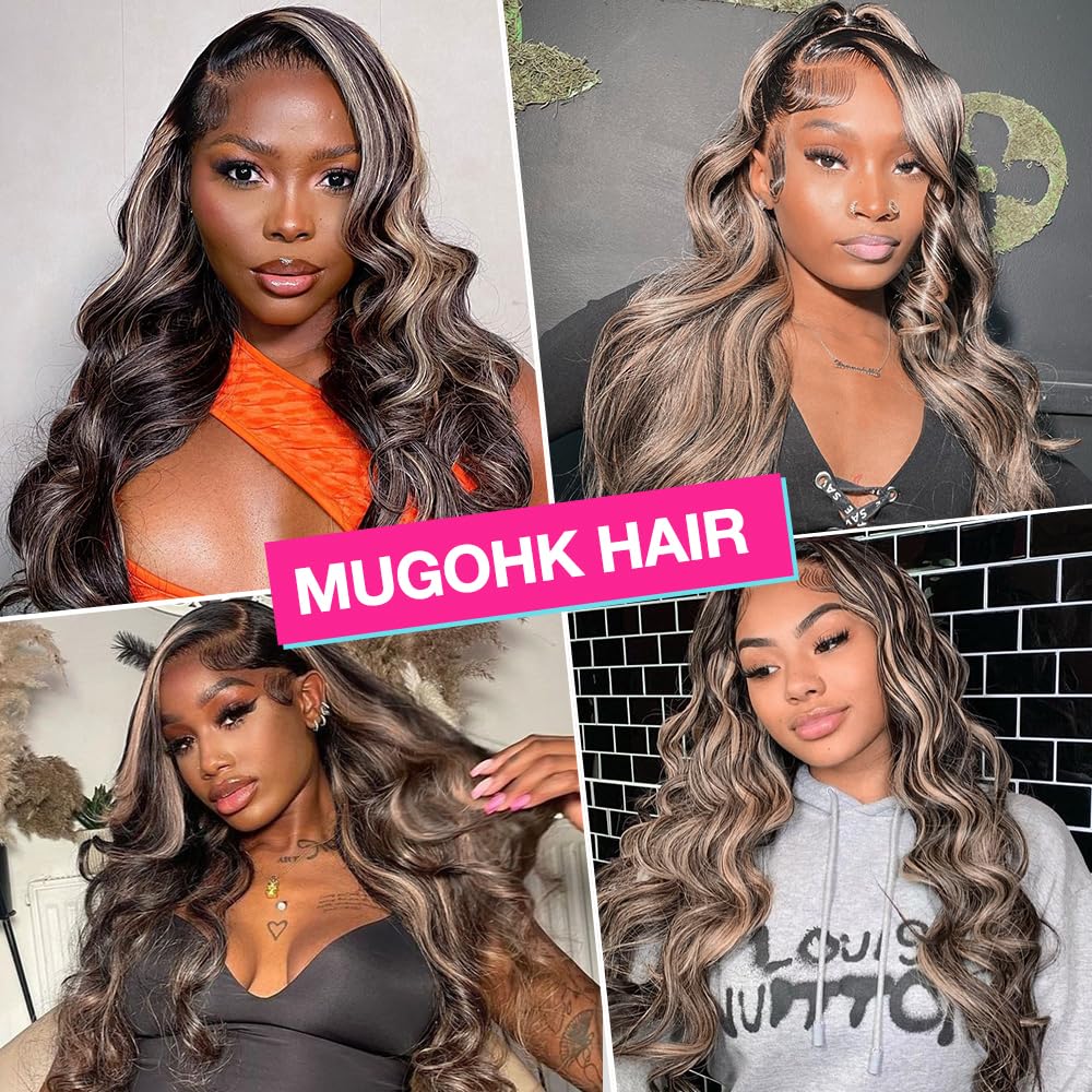 MUGOHK Highlight Lace Front Wig Human Hair 10 Inch Balayage Body Wave Bob 13x4 HD Lace Closure Wigs Pre Plucked with Baby Hair #1b27 Short Black and Blonde Ombre Human Hair Wig 150 Density for Women