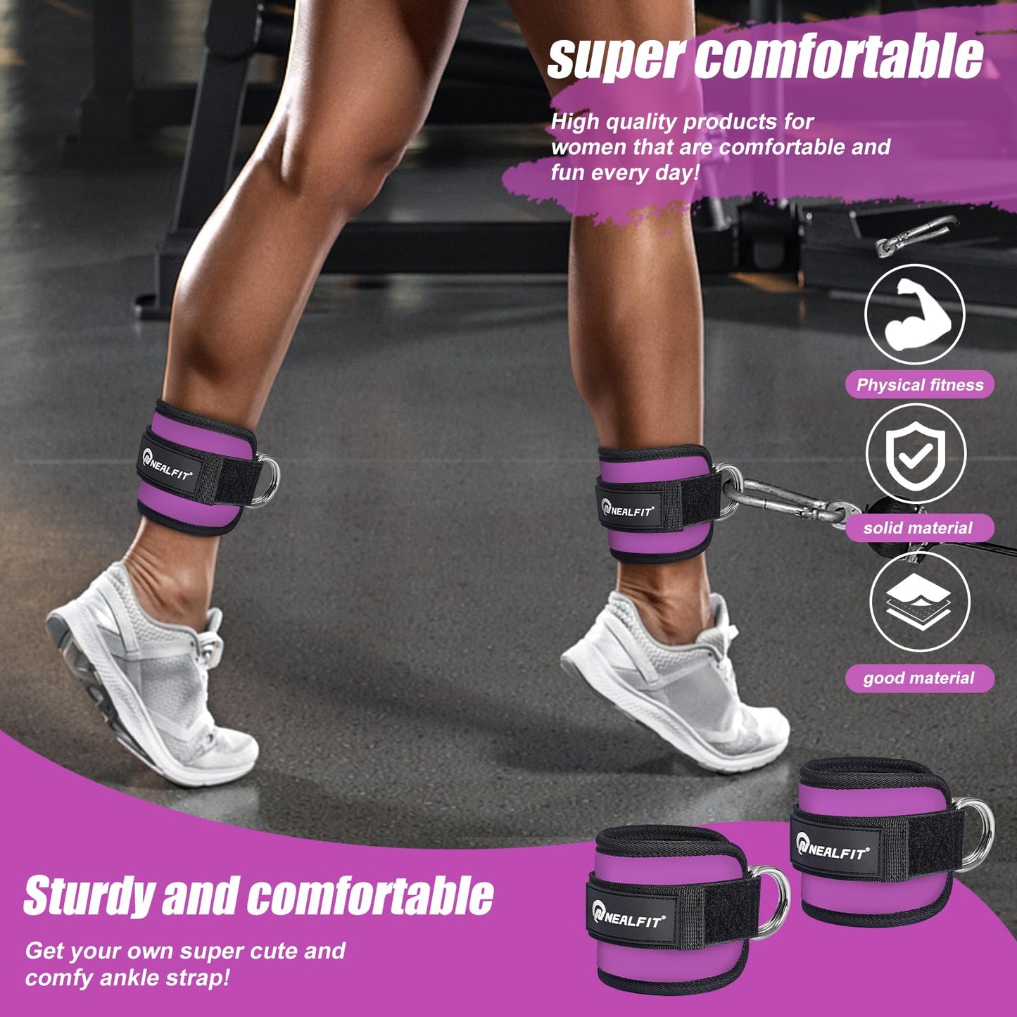 NEALFIT Ankle Strap for Cable Machine, Gym Ankle Cuff for Kickbacks, Leg Extensions, Glute Workouts, Booty Hip Abductors Exercise for Women and Men (Pair, Purple)