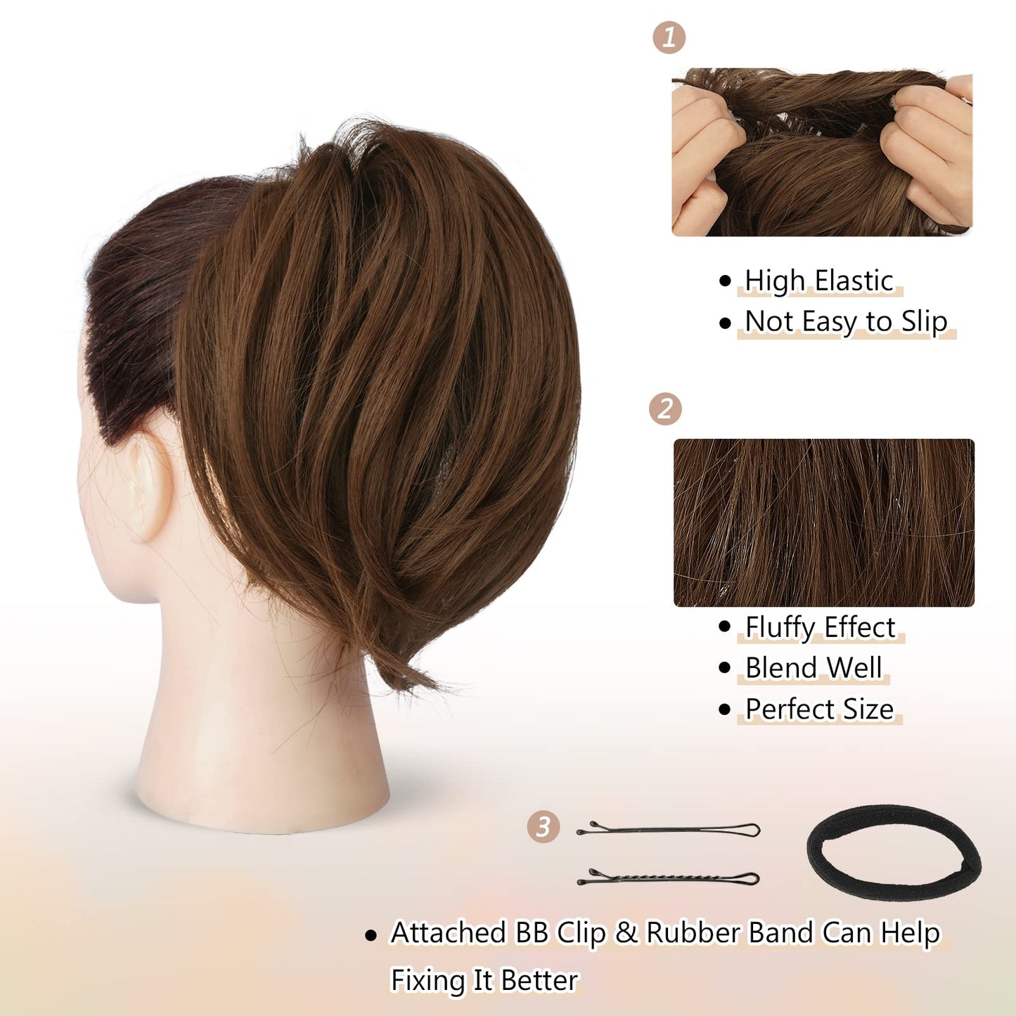BARSDAR Straight Hair Bun Extensions - Synthetic Fully Short Straight Ponytail Hair Bun Extensions for Women - Elastic Messy Hair Bun Hairpieces Scrunchies Daily - Medium Chestnut Brown