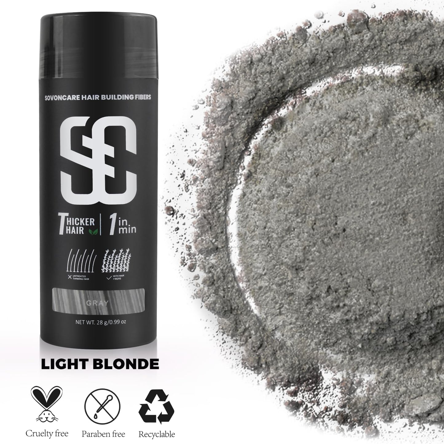 SOVONCARE Hair Fibers for Thinning Hair Gray, Hair Building Fibers for Bald Spots Undetectable & Natural, Conceals Hair Loss Fill In Fine, Hair Powder Hair Thicker Instantly for Women & Men 28g