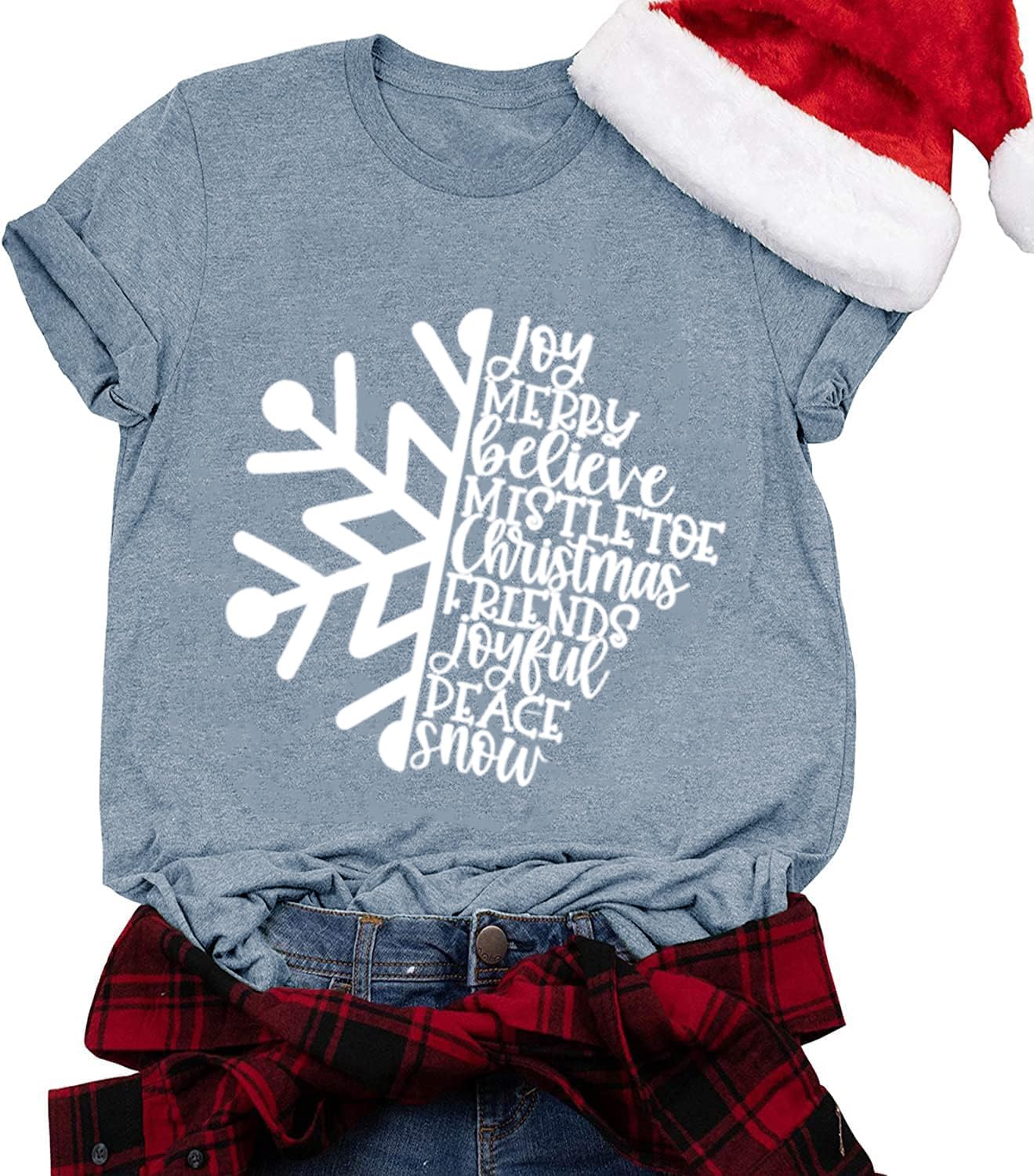 Merry Christmas Snowflake Shirt Women Xmas Winter T-Shirt Santa Family Outfit Joyful Faith Believe Blessed Top, Ink Blue S