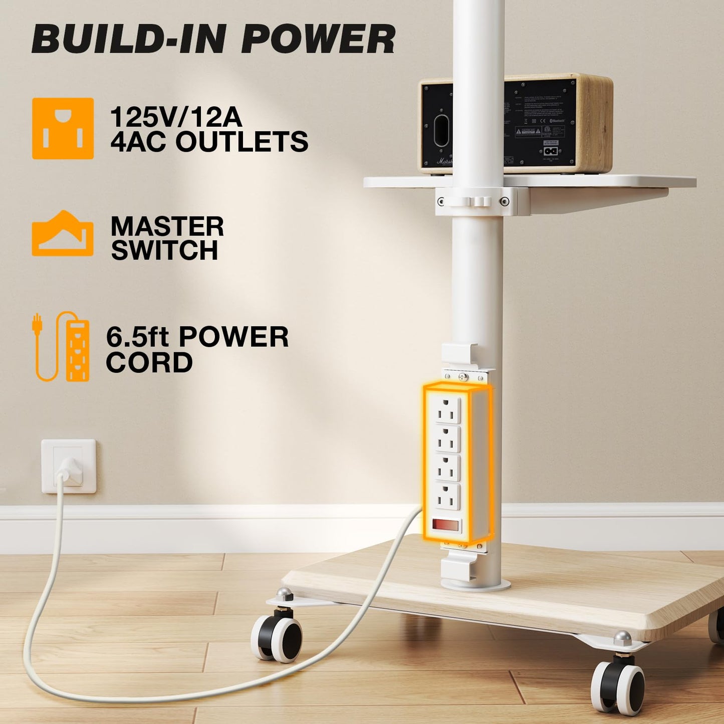 5Rcom Rolling TV Stand with Power Outlet for 32-60 inch TVs, Swivel and Height Adjustable Mobile TV Stand with Shelf, Strong TV Cart on Wheels up to 88 lbs for Living Room, Bedroom and Office, White