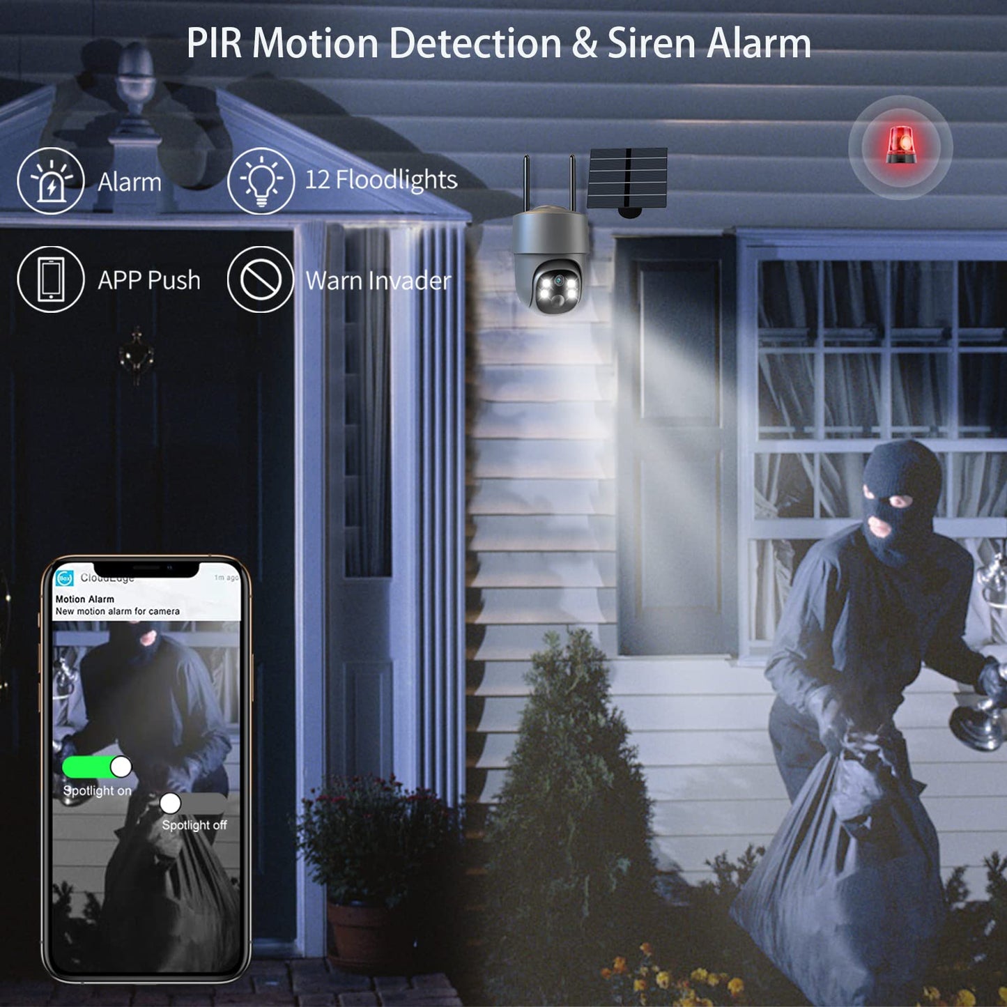 Xparkin Solar Security Cameras Wireless Outdoor, Mulit-Functional Home Security WiFi Camera with PIR Motion Detection & Floodlight, Weatherproof for Garden Front/Back Yard (2.4G WiFi Camera Grey)