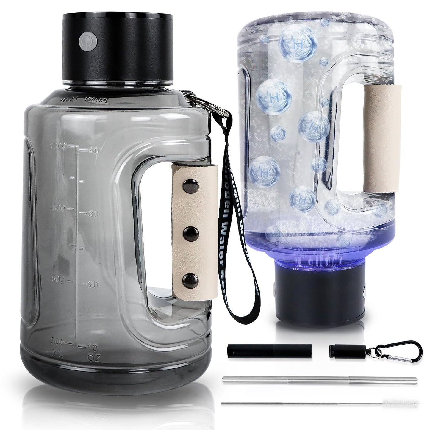 ZUCKBOX Hydrogen Water Bottle, Large Hydrogen Water Bottle Generator, Portable Rechargeable 57OZ/1.5L Hydrogen Water Machine with Foldable Straw with SPE Technology for Home, Office, Travel, Sport