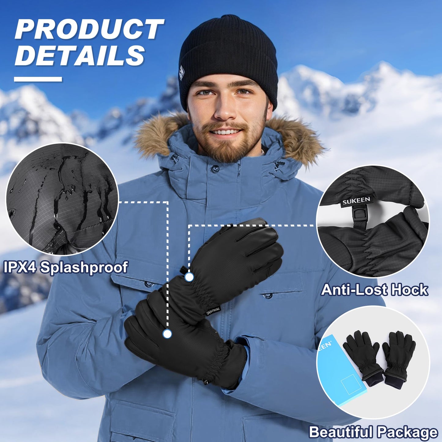 Sukeen -10℉ Winter Warm Gloves for Men Women,Windproof Ski Gloves Anti-slip Cold Weather Glove with Thick Plush for Outdoor