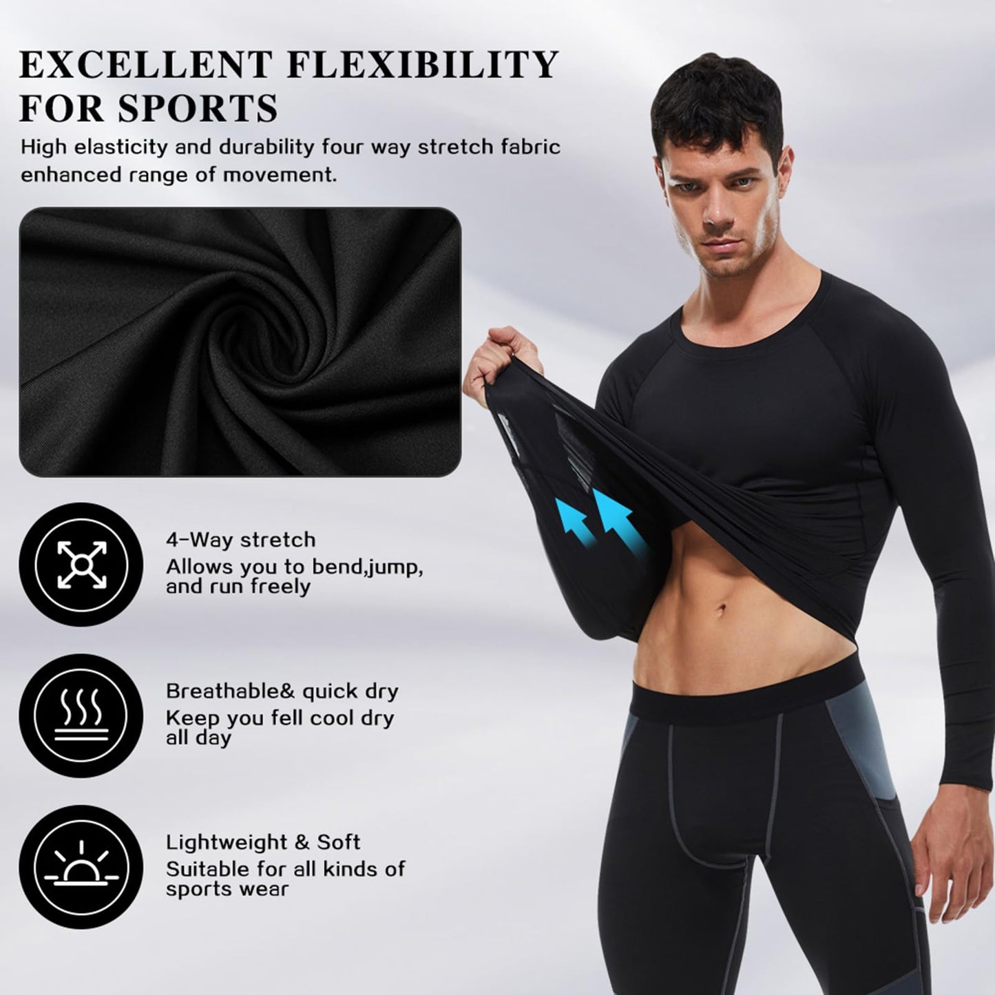 Black Thermal Compression Shirts for Men Long Sleeve Athletic Base Layer Top Winter Cold Weather Warm Running Gear Undershirt