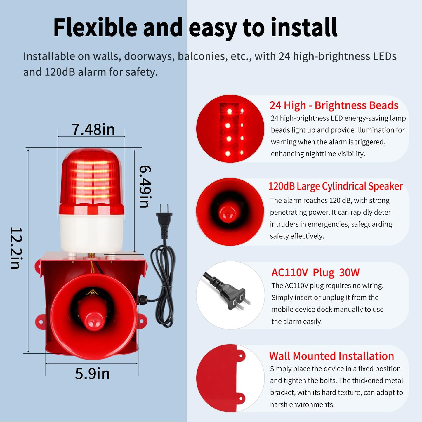 AC110V-120V Industrial Siren Alarm Strobe Light-120dB Loud Horn & Red Beacon Warning Light,Waterproof Indoor/Outdoor Safety Alarm for Emergency,Factory,Office,Fires,Tornado,Intruders,Animal Deterrent