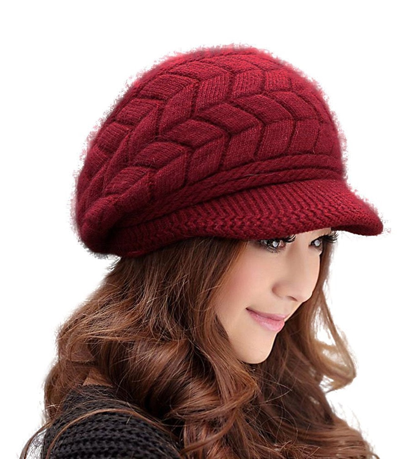 HINDAWI Winter Hat Gloves for Women Knit Warm Snow Ski Outdoor Caps Touch Screen Mittens Burgundy