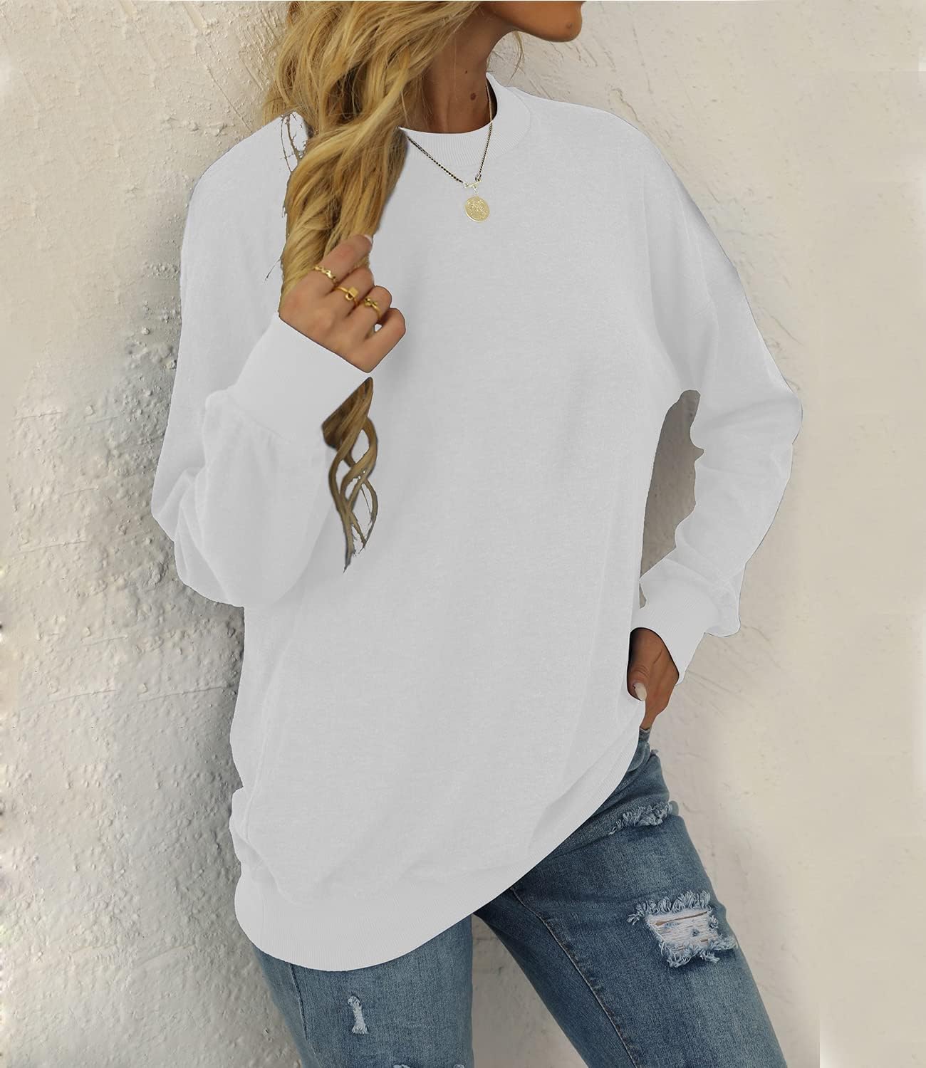 BEUFRI Sweatshirts for Women for Leggings Long Sleeve Fall Top Winter Sweaters White 2XL