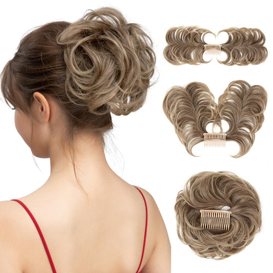 youngways Messy Bun Hair Piece Side Comb Clip in Hair Bun Hairpiece for Women Short Natural Straight Versatile Adjustable Styles Easy Hair pieces (Brown to Ash Blonde-C)