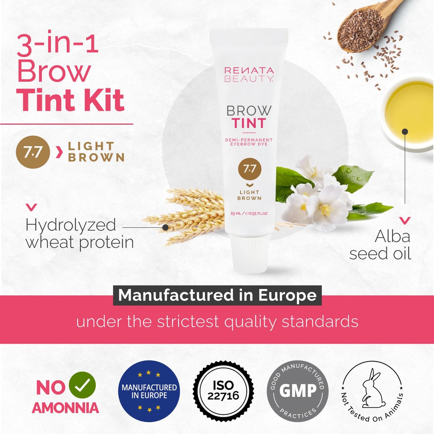 RB RENATA BEAUTY Brow Tint Kit – Eyebrow Tint Set – Dye Kit with Color Tint, Cream Developer and Styling Brush – Long-Lasting Effect Up to 4 Weeks – 30 Applications [Light Brown]
