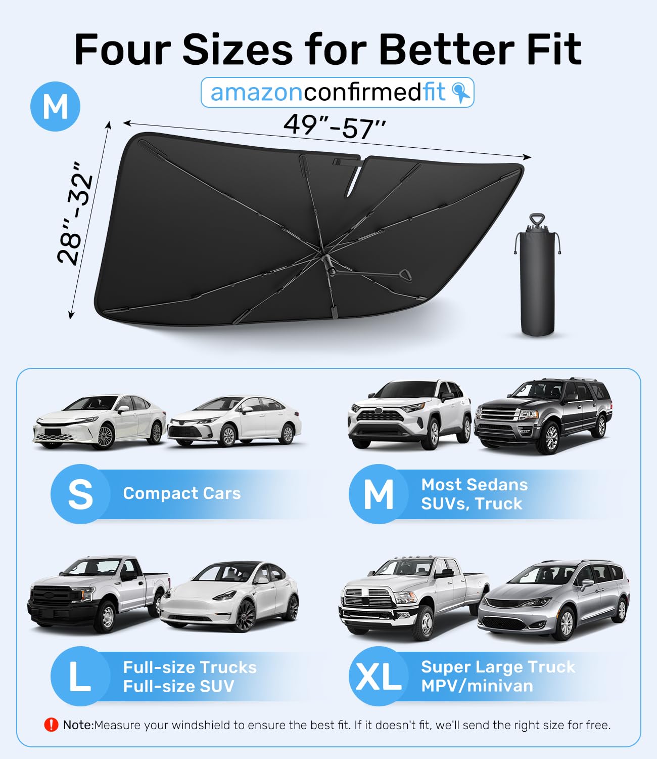 Zanch 2025 Upgraded Car Windshield Sun Shade [Cool Down by 75℉ ] with Heat Insulation Coating, Foldable Sunshade Umbrella Flexible Handle & Ribs, Medium (57''x32'') for Car, SUV, Truck, Van