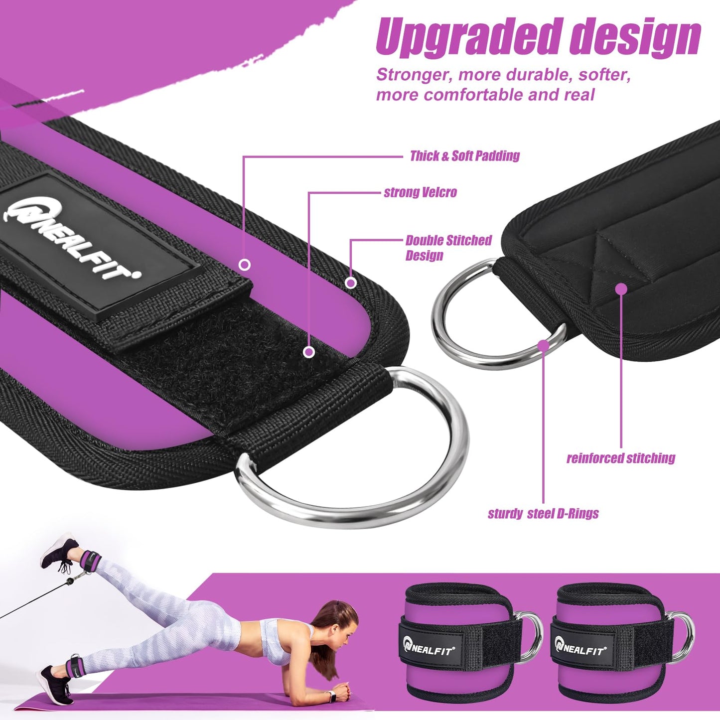 NEALFIT Ankle Strap for Cable Machine, Gym Ankle Cuff for Kickbacks, Leg Extensions, Glute Workouts, Booty Hip Abductors Exercise for Women and Men (Pair, Purple)