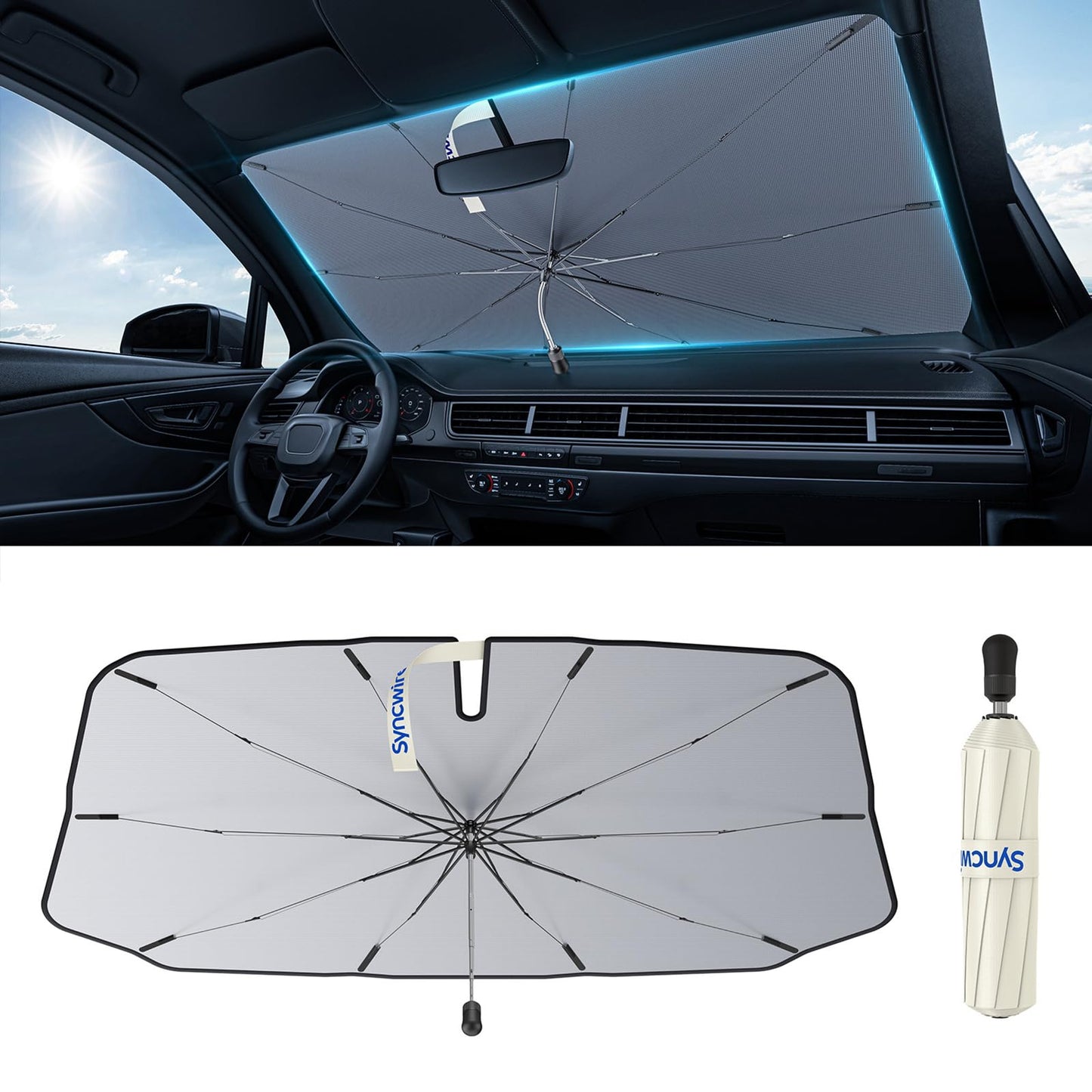 Syncwire Car Windshield Sunshade Umbrella - Enhanced Vinyl Coating for Superior Sun and Heat Protection, Keeps Vehicle Cool and Preserves Interior, Innovative Edge Design