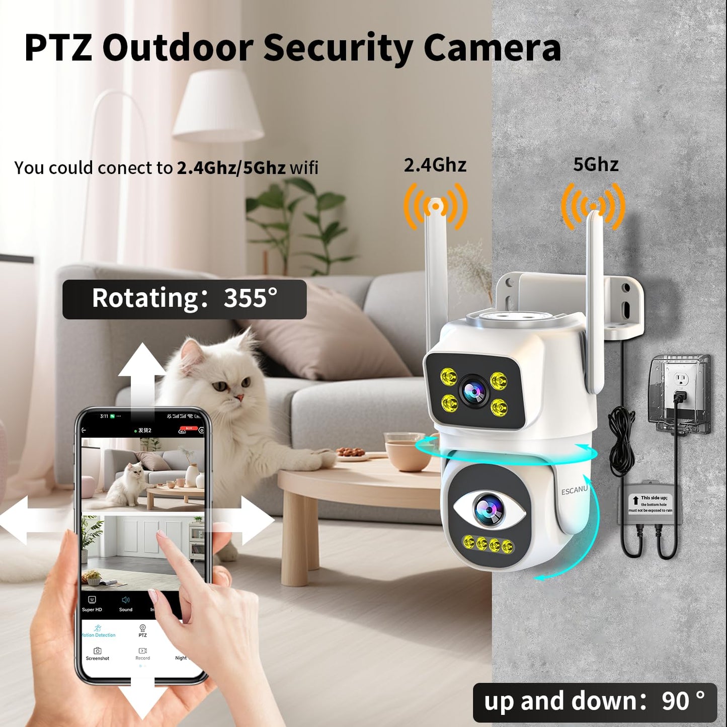 ESCANU Dual Lens Security Camera Outdoor,WiFi Camera for Home Security,Home Survaillance Outdoor,PTZ,2-Way Audio, Auto Tracking,Night Vision,24/7 Continous Record,IP65 Weather Proof