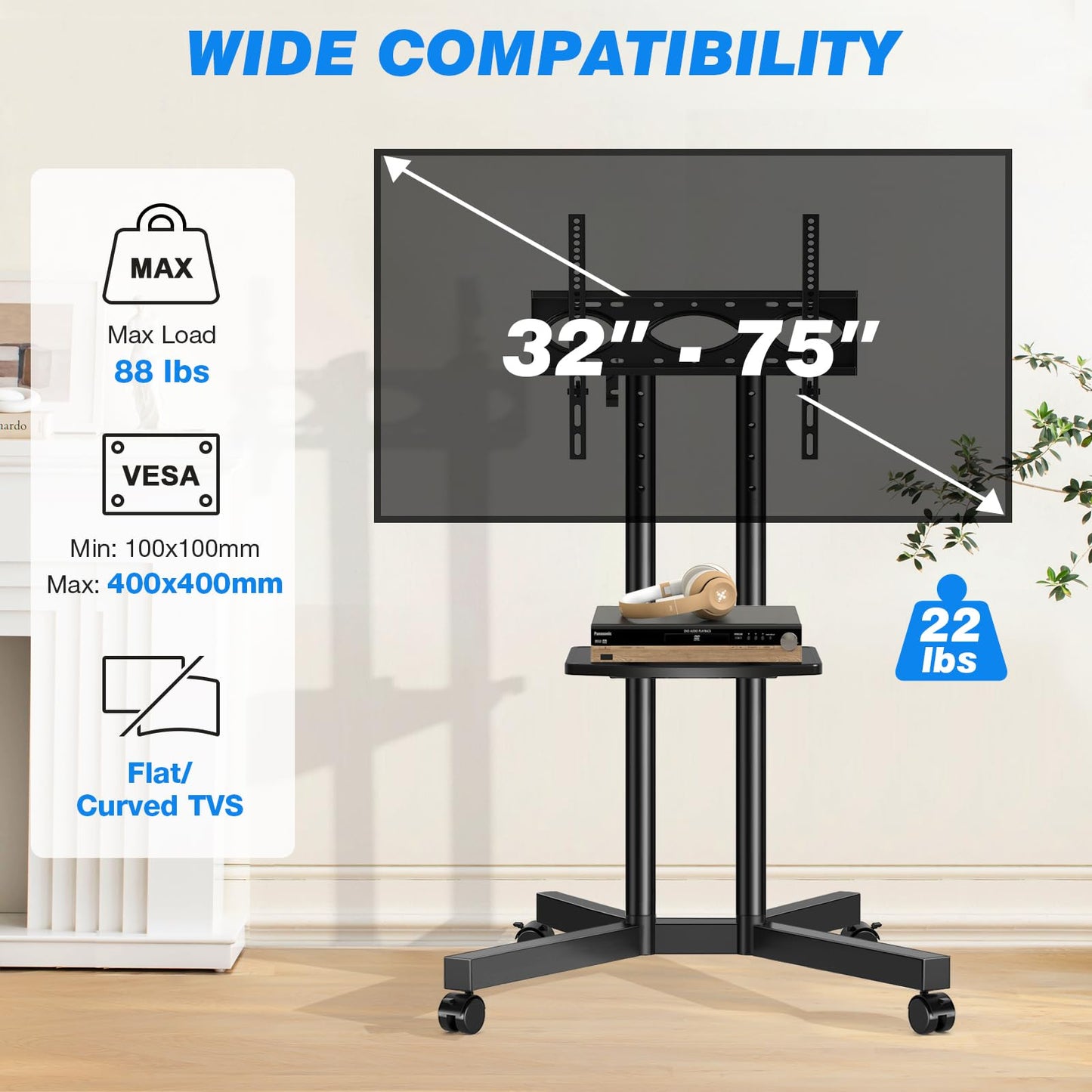Rfiver Mobile TV Cart Rolling TV Stand with Power Outlet for 32-75 Inch Screens, Portable TV Stand on Wheels with Height Adjustment, Outdoor TV Mount Stand with Shelf Holds up to 88lbs for Home Office