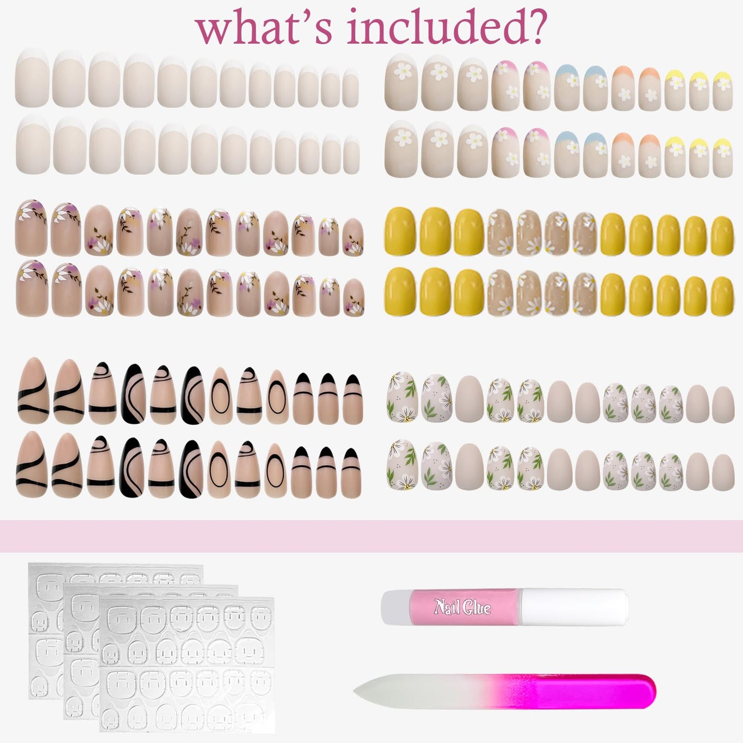 6 Packs (144 Pcs) Press on Nails Short - Jsiallye Flower Press on Nails Almond, Oval French Tip Press on Nails, Glue on Nails in 12 Sizes - 24 Fake Nails Kit, Stick on Nails for Women