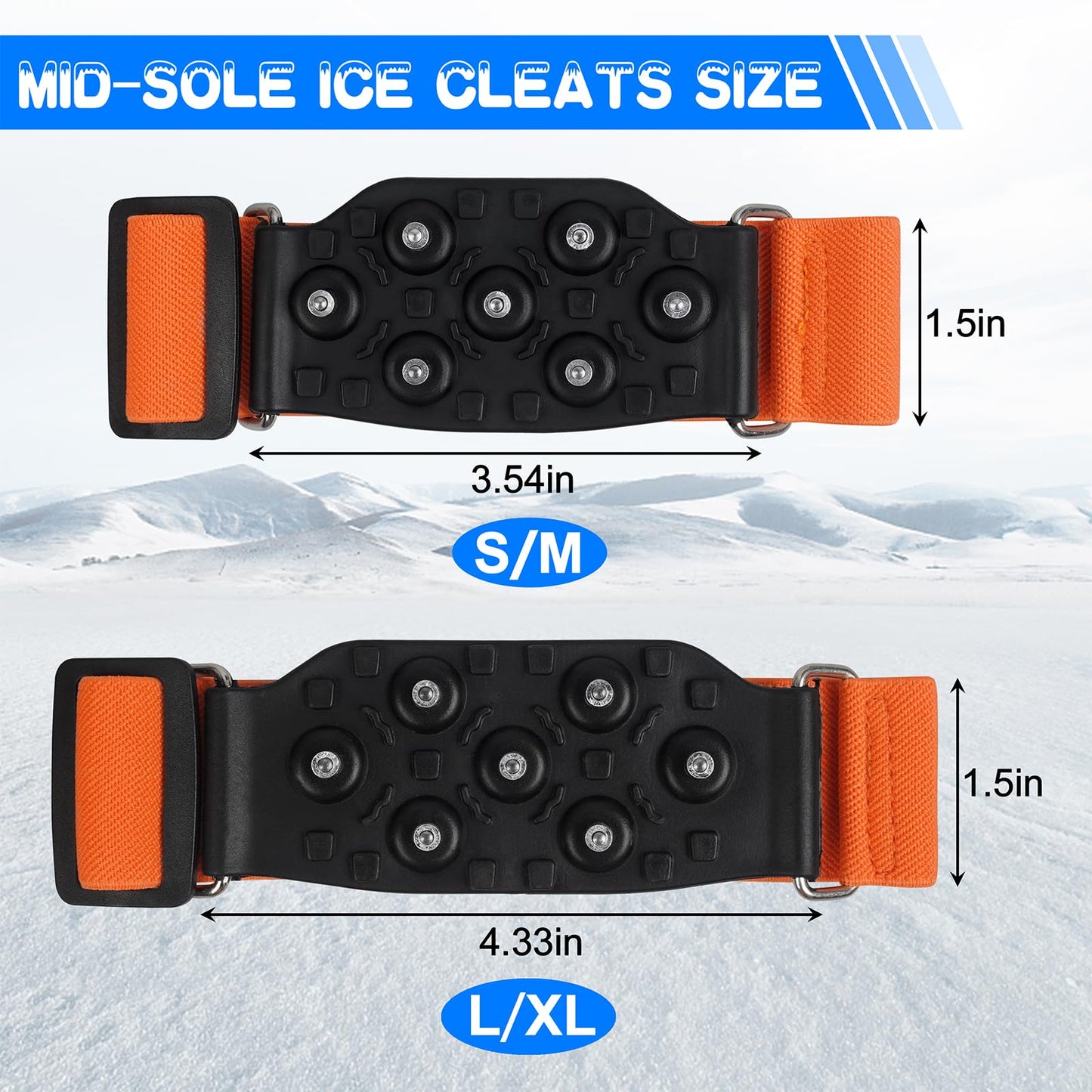 Ice Cleats Mid-Sole Snow Traction Cleats Crampons Anti Slip Snow Cleats for Shoes and Boots 7 Tungsten Studs Snow Grippers with Adjustable Straps Winter Walking on Snow and Ice(M- 2 Pairs)