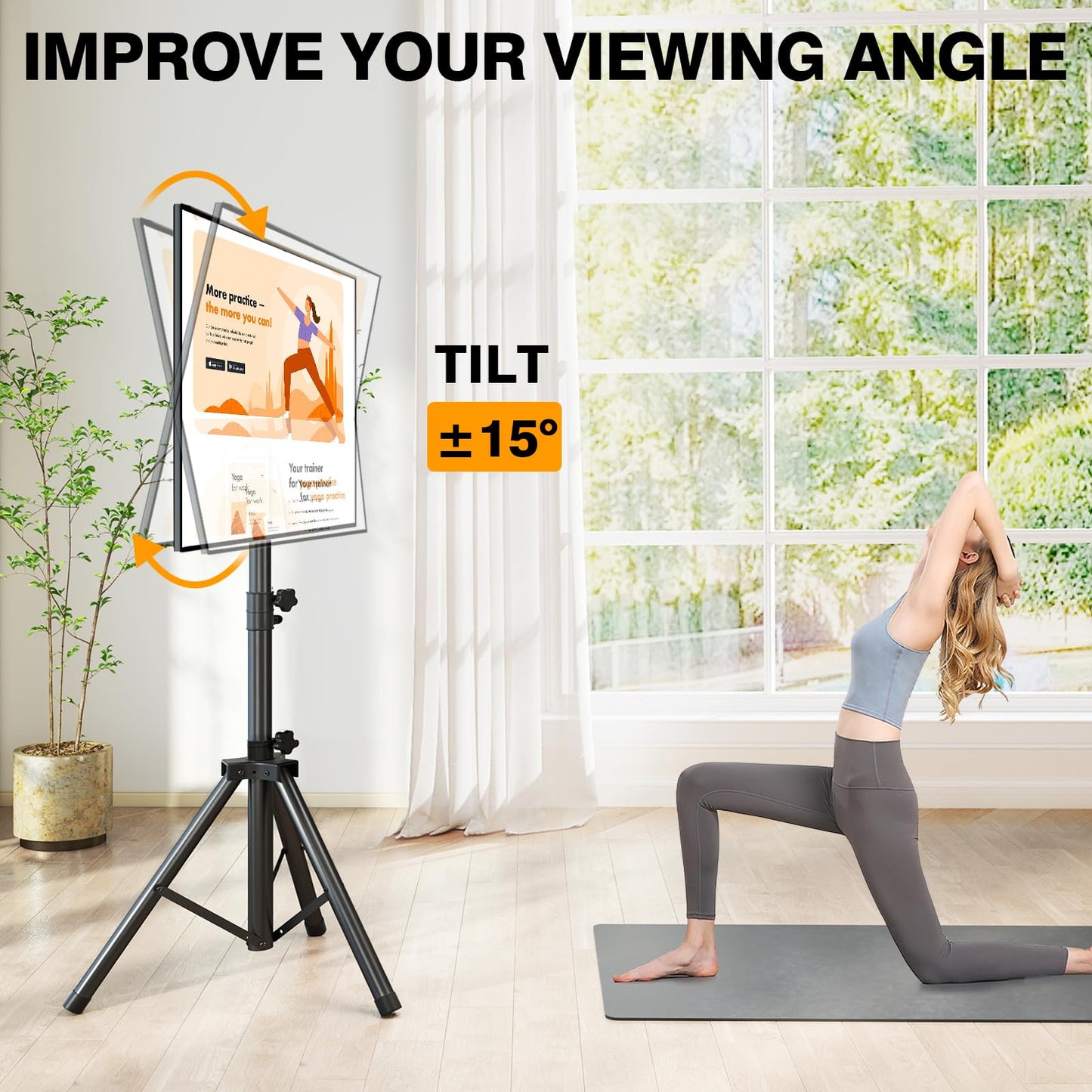 Tripod TV Stand for 23-75 inch Flat Screen/Curved TVs up to 100 lbs, Outdoor TV Stand with ±15° Tilt, Height Adjustable Portable TV Stand with Safety Design, Max VESA 600x400m, Black