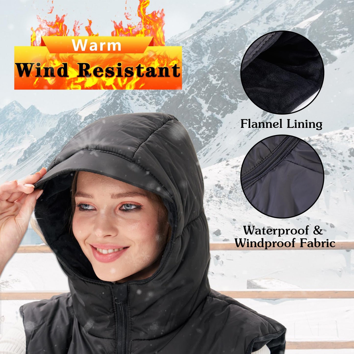 KERHAND Windproof & Waterproof Winter Hats For Men & Women,Winter Sleeveless Hoodie Siamese Vest Snow Hats,Suitable For Outdoor Sports Mountaineering/Skiing (WEAR IT AND WON'T LOSE IT
