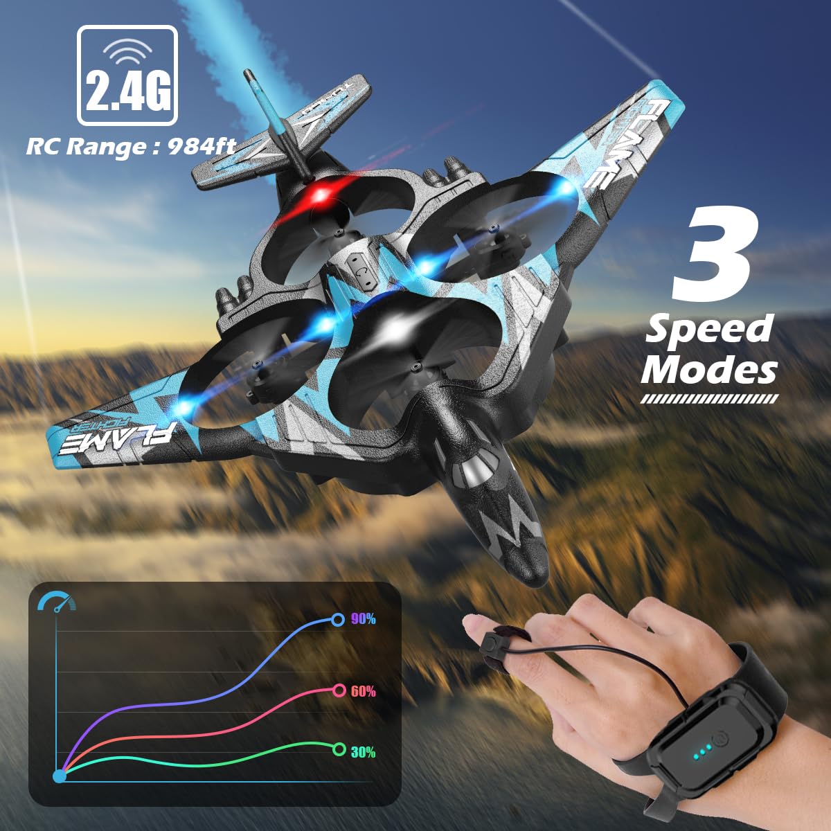 Remote Control Drone for Kids, Gesture RC Stealth Raptor Airplane, Quadcopter Fighter Jet with Light/Spray/360° Flip, Beginner Big RC Plane Toy for Boys Christmas Gifts (3 Batteries/984ft)