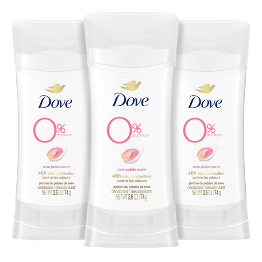 Dove 0% Aluminum Deodorant Stick Rose Petals 3 Count Non-irritating Deodorant for Underarm Care Kindest Aluminum Free Deodorant 2.6 oz