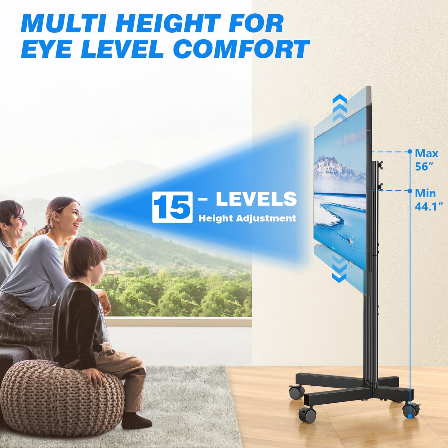 Rfiver Rolling TV Stand for 32-70 Inch TVs, Mobile TV Stand with Upgraded Wheels up to 88lbs, Height Adjustable Mobile TV Cart on Wheel, Portable TV Mount Stand for Bedroom, Living Room, Home, Office