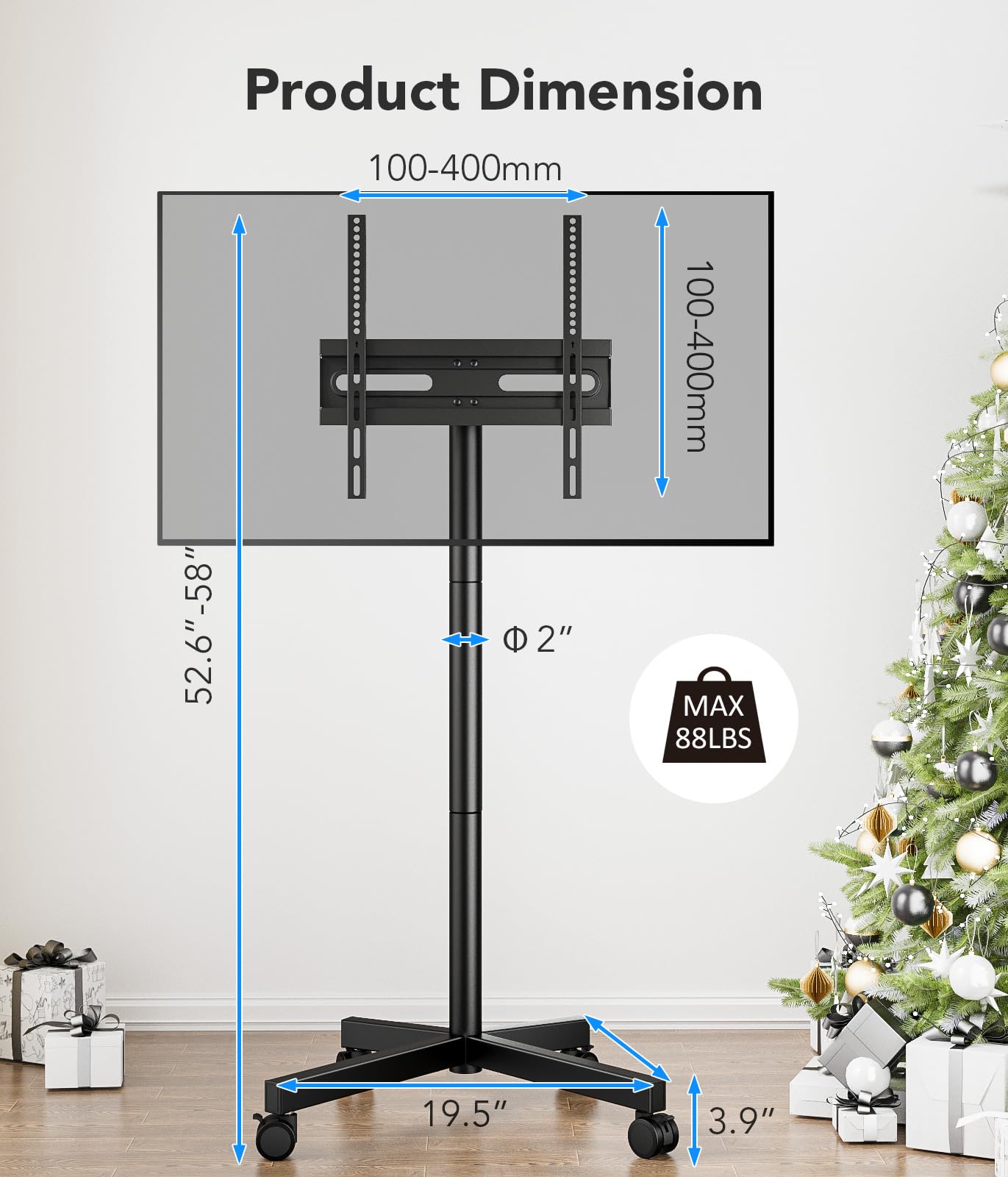 AX WABER Mobile TV Cart Stand with Wheels for 23-60" tvs, Height Adjustable, Portable Floor Stand Holds up to 88 lbs, Rolling TV Mount max VESA 400x400mm