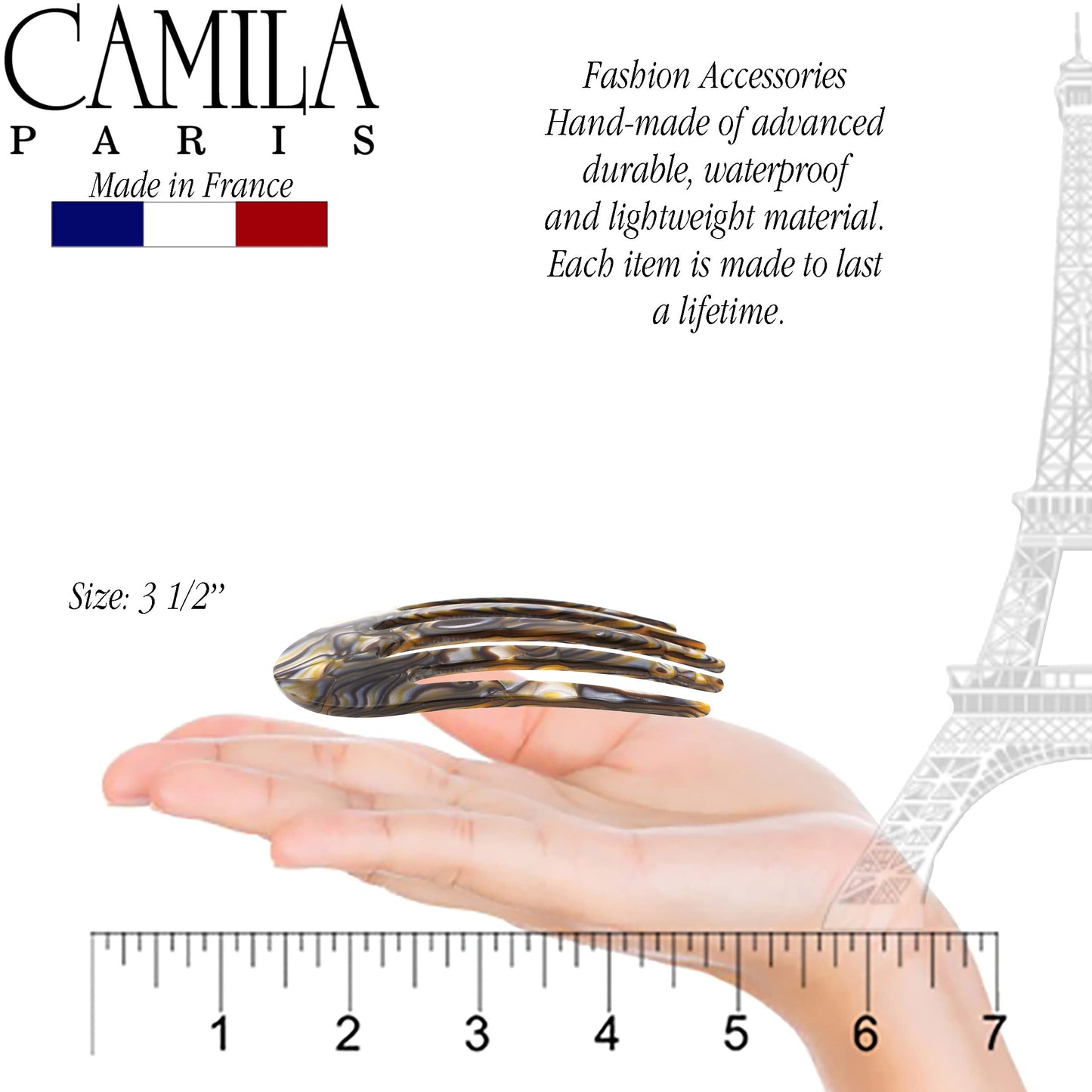 Camila Paris CP3399 French Hair Side Comb Small Rounded, Onyx, Handmade French Twist Hair Combs, Strong Hold Hair Clips for Women Bun Chignon, No Slip Styling Girls Hair Accessories Made in France