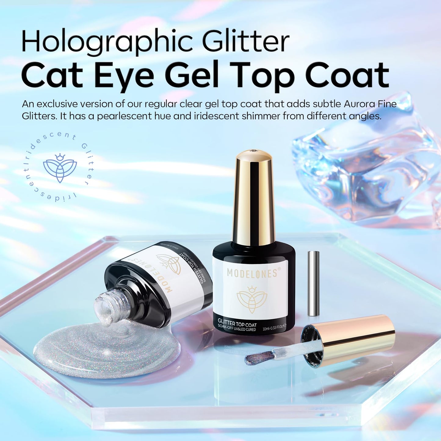 modelones Cat Eye Gel Nail Polish Top Coat, 2-in-one Rainbow 9D Glitter Clear Gel Polish with Magnet Stick Holographic Glossy Finish Long Lasting Soak Off Manicure Home Salon Nail Art 10 ML