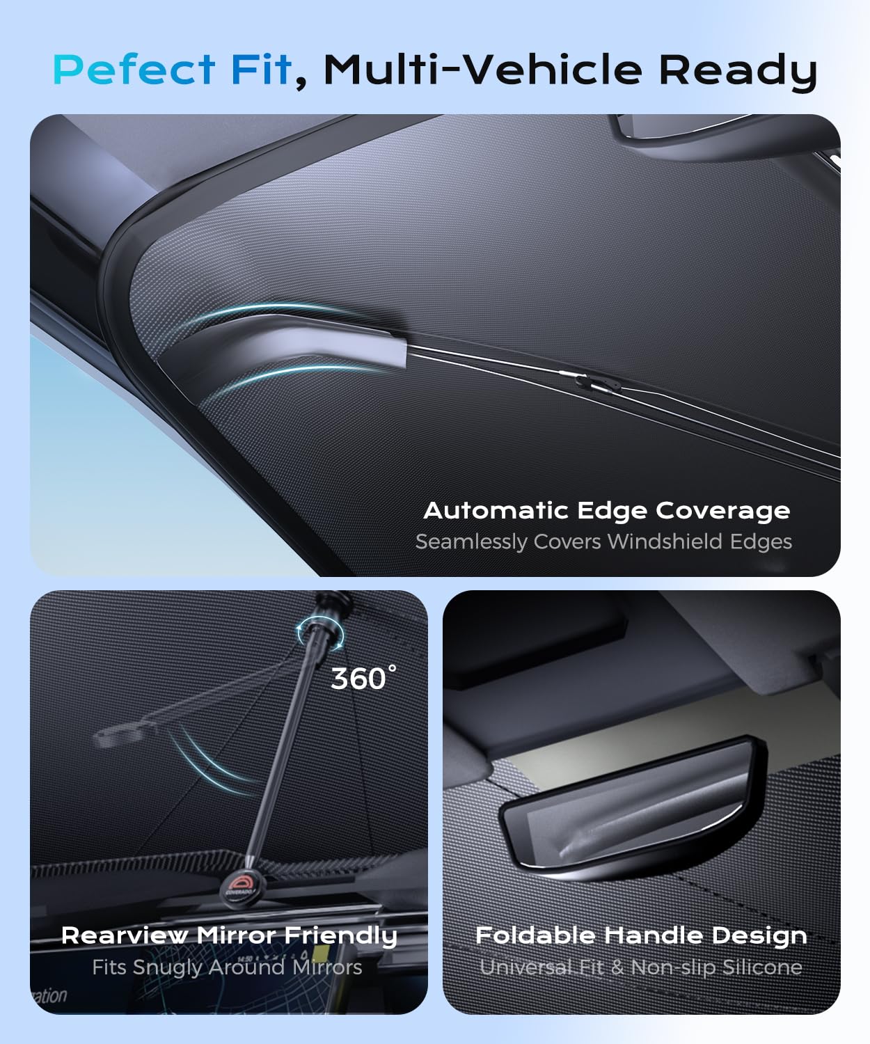 [2025 Upgrade] Coverado Windshield Sun Shade, UPF80+ Sunshade for Car Windshield Blocks Heat & UV Rays, Thickened Vinyl Coating Keep Cool Protect Interior, M 57”x32” for Sedans/SUVs