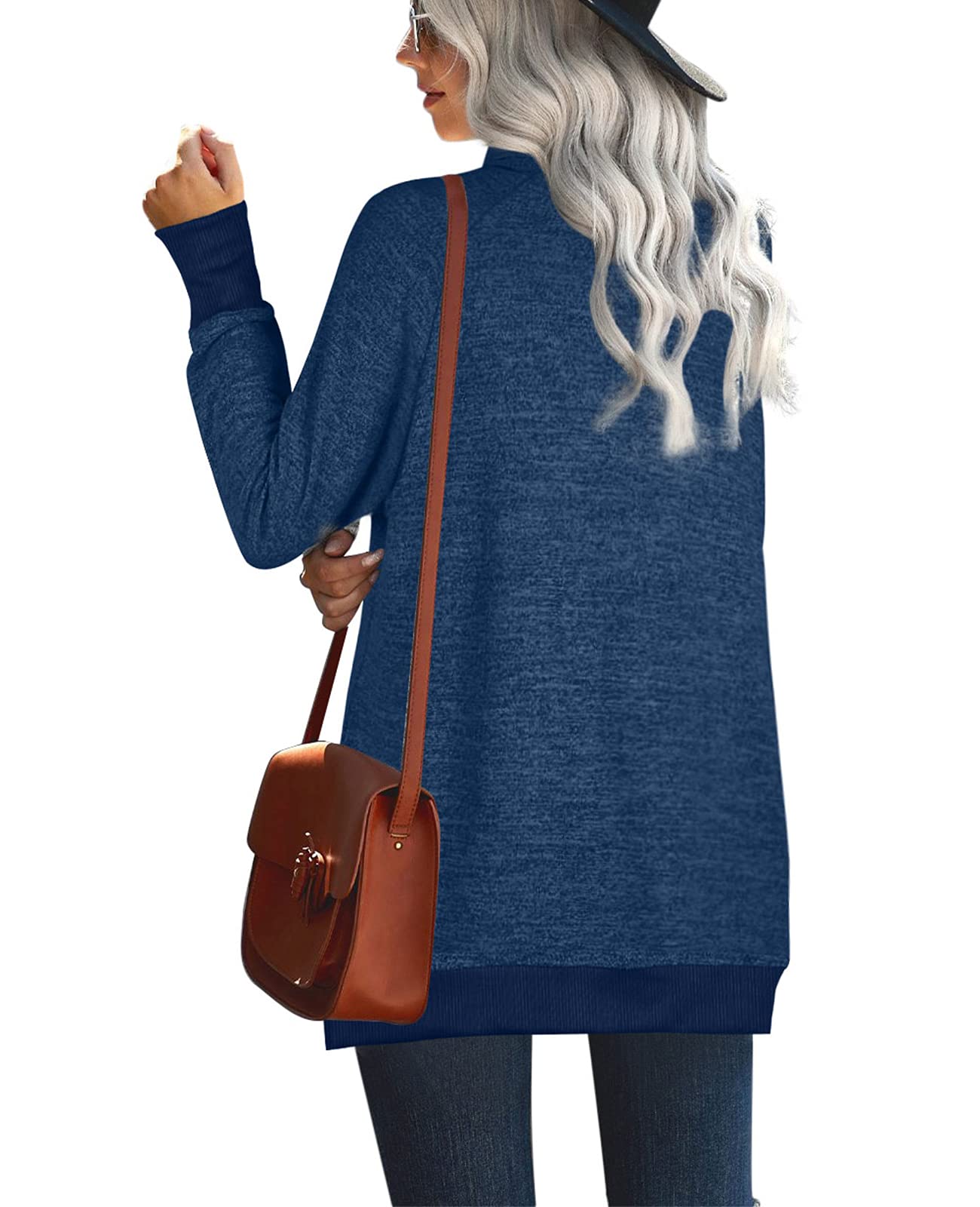 OFEEFAN Womens Tunic Sweatshirts Long Sleeve Turtle Neck Top Winter Navy Blue L