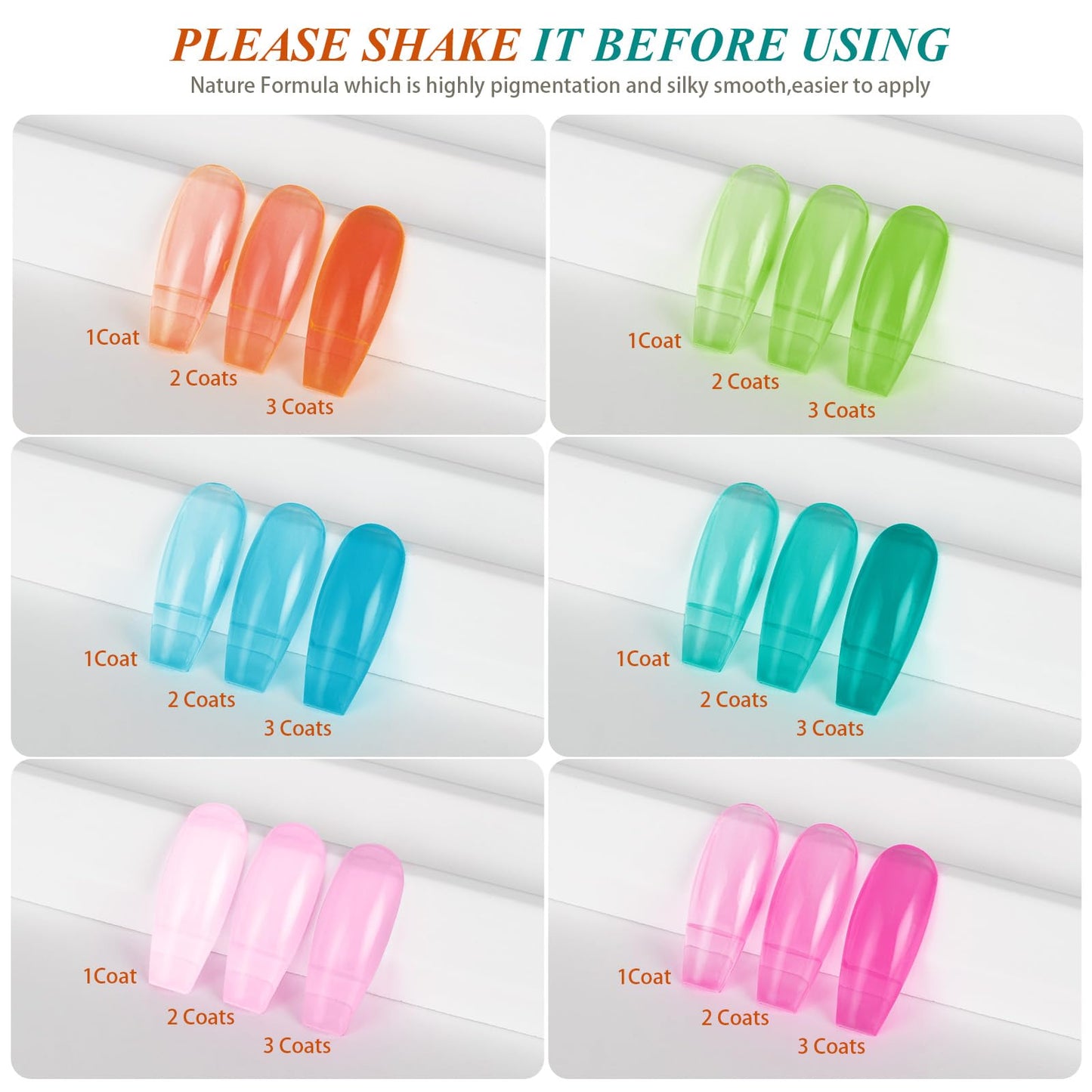 Artdone Transparent Gel Nail Polish Jelly Set - UV Gel 6 Colors Neon Orange Blue Green Pink, Neutral, Soak Off LED Lamp Gel Manicure Kit For Nail Art