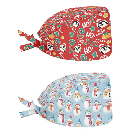 Babrukda 2pcs Set Winter Christmas Snowman Penguin Pattern Beanie Turban Hat for Women Men Baseball Cap with Sweatband Adjustable Tie Back Head Hair Cover Coat Headgear for Party Sport Xmas