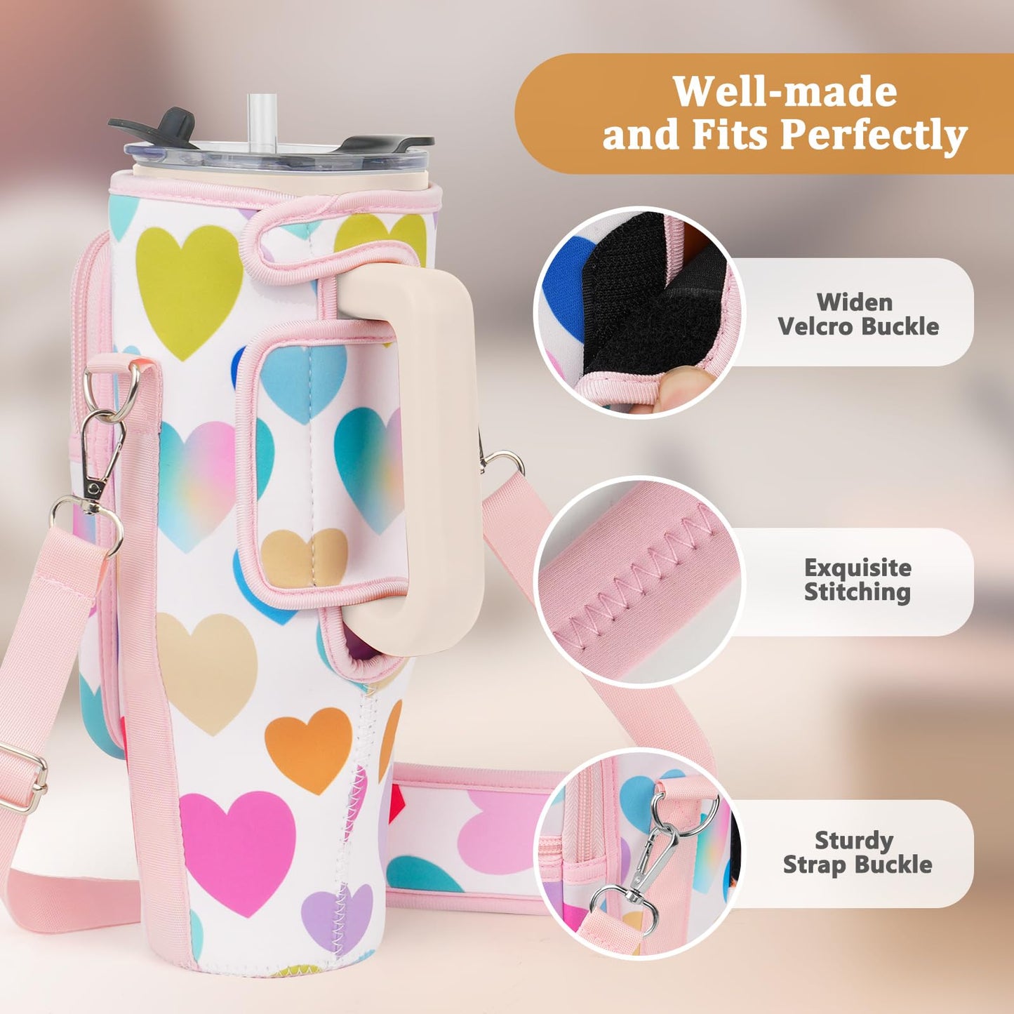 Water Bottle Carrier Bag with Phone Pocket Compatible with Stanley/Meoky 40 oz Tumbler with Handle,Neoprene Water Bottle Holder Pouch with Adjustable Strap Compatible with Stanley Cup Accessories