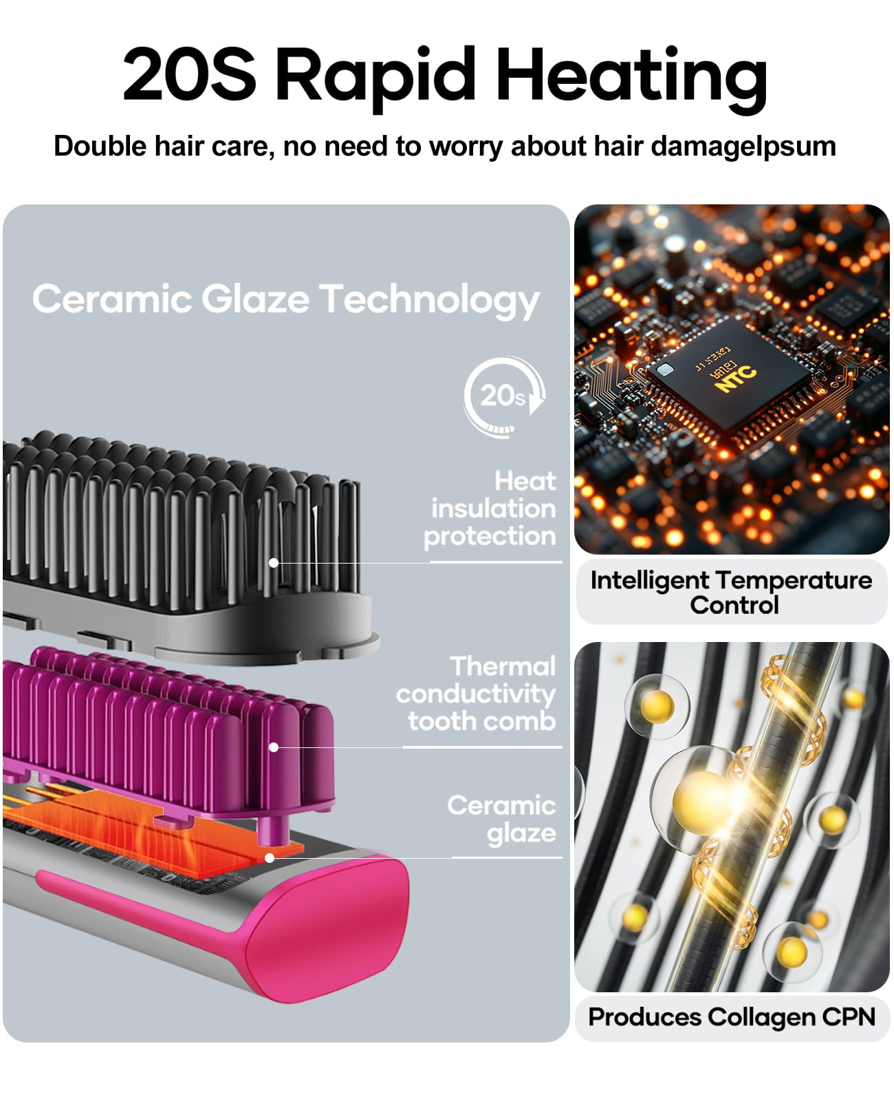 Hair Straightener Brush Straightening Comb - Ionic Heated Brush Straightener for Women, Plus 3x Dense Bristles Ceramic Styler for Thick Curly Hair, 16 Temps, 2 in 1 Flat Iron Brush Dual Voltage Travel
