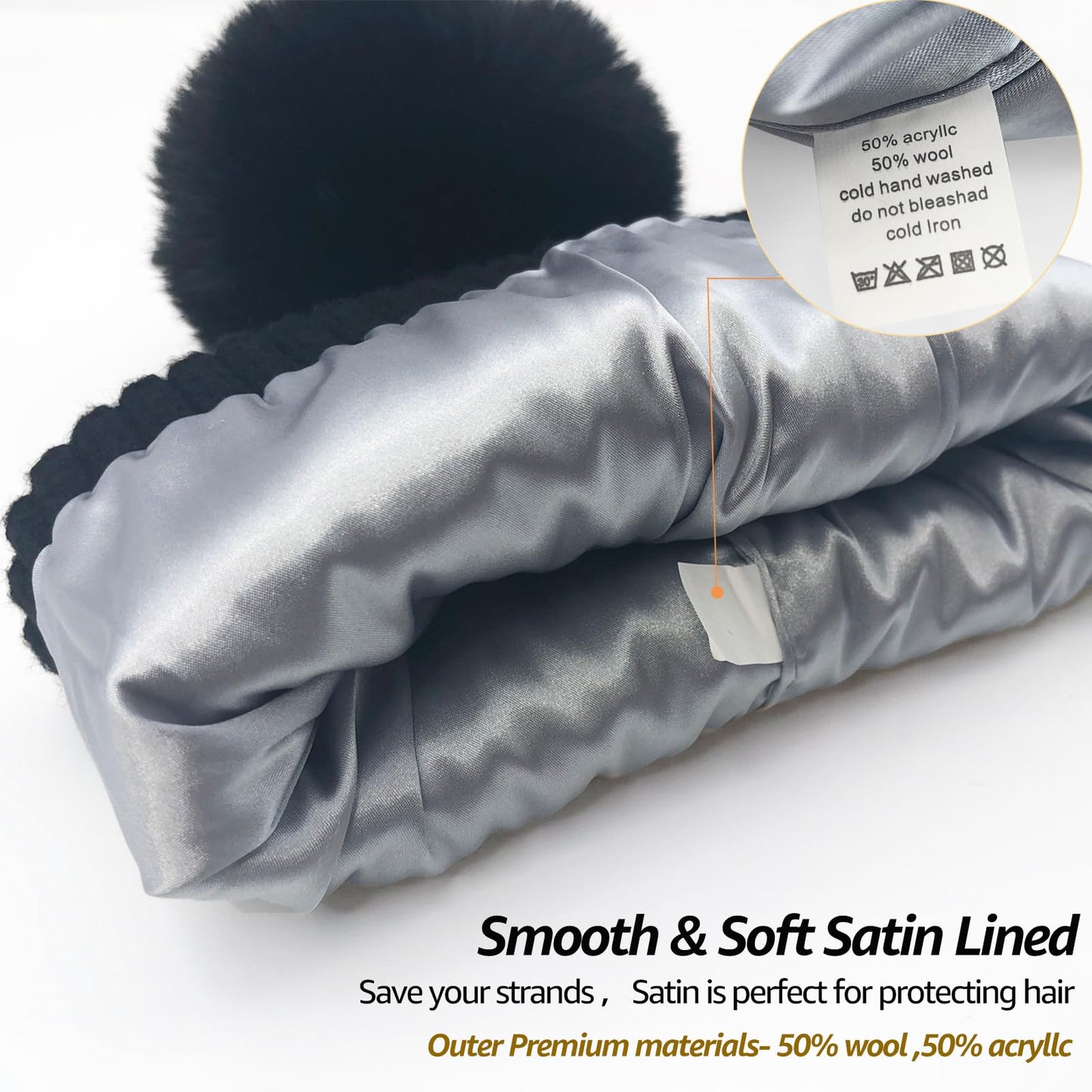 PHILIGHTS 2PCS Womens Beanie with Faux Fur Pom Pom, Wool & Satin Lined Winter hat,Warm Knit Ski Hats Cuffed Skull Cap