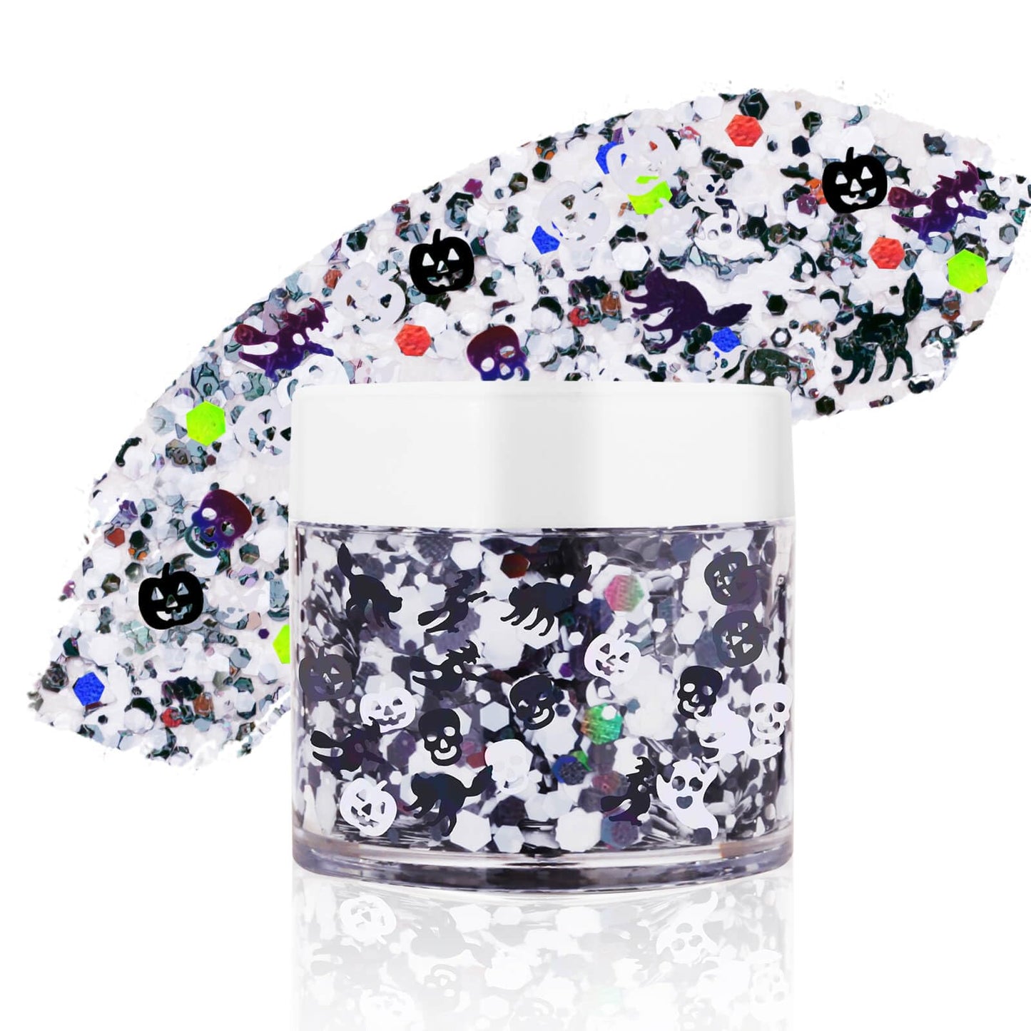 Paminify Halloween Body Glitter Gel,Black White Skull Pumpkin Professional Vibrant Music Festival Party Rave Accessories,Sparking Chunky Face Glitter Paint Makeup for Women and Kids