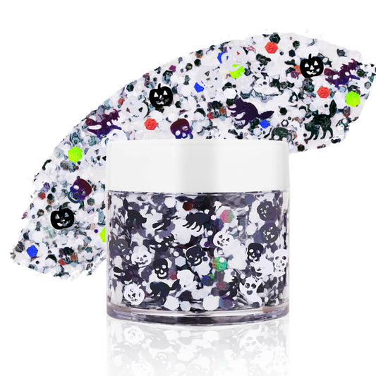 Paminify Halloween Body Glitter Gel,Black White Skull Pumpkin Professional Vibrant Music Festival Party Rave Accessories,Sparking Chunky Face Glitter Paint Makeup for Women and Kids
