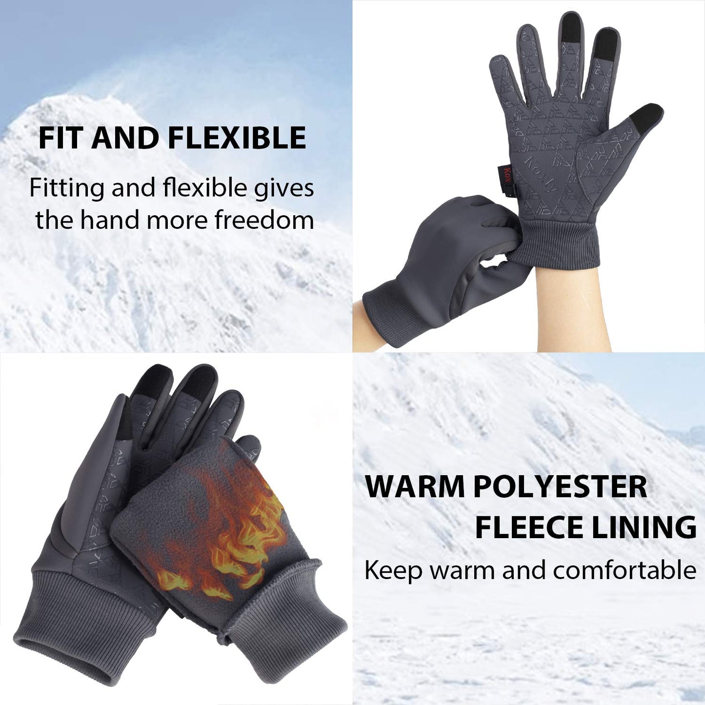 Koxly Winter Gloves Men Women Touch Screen Glove Warm Gloves Anti-Slip Windproof Waterproof Texting Gloves for Running Cycling