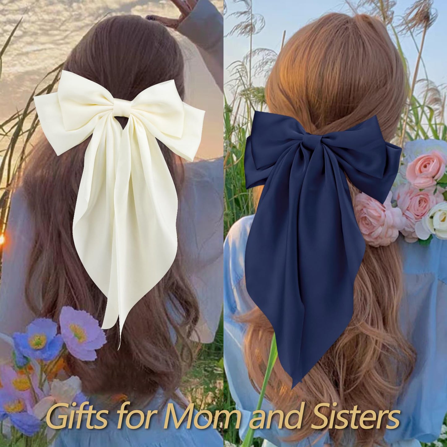 VELSCRUN Hair Bows for Women Girls 3Pcs White Hair Bow Black Hair Bow Navy Blue Big Hair Bows Clip Silky Satin Large Hair Ribbons Oversized Long Tail Hair Bows Hair Barrettes Hair Accessories Gifts