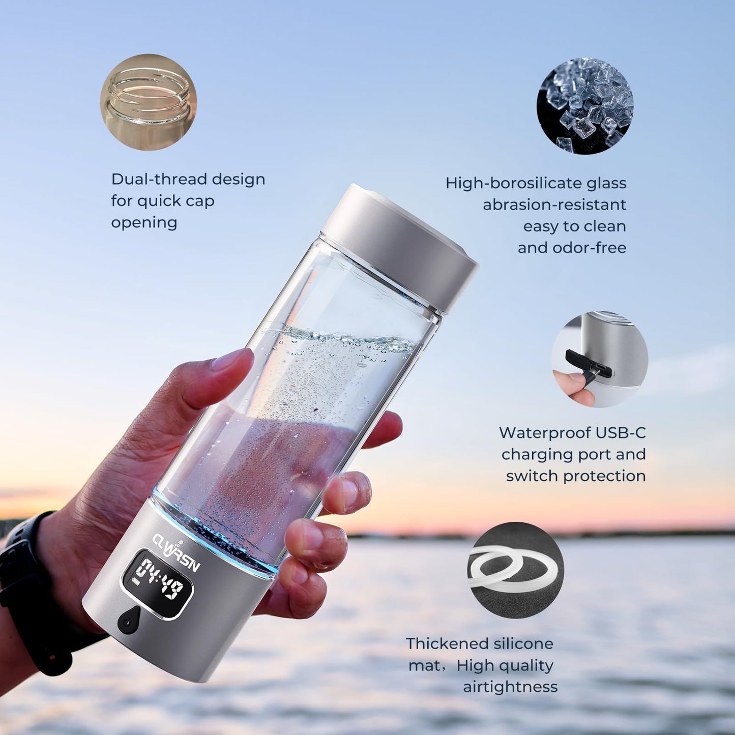 Hydrogen Water Bottle, Portable Glass Hydrogen Water Bottle Generator Machine-SPE/PEM Technology-Athletic Performance & Hydration System-for Office, Home & Outdoor Use(Silver)