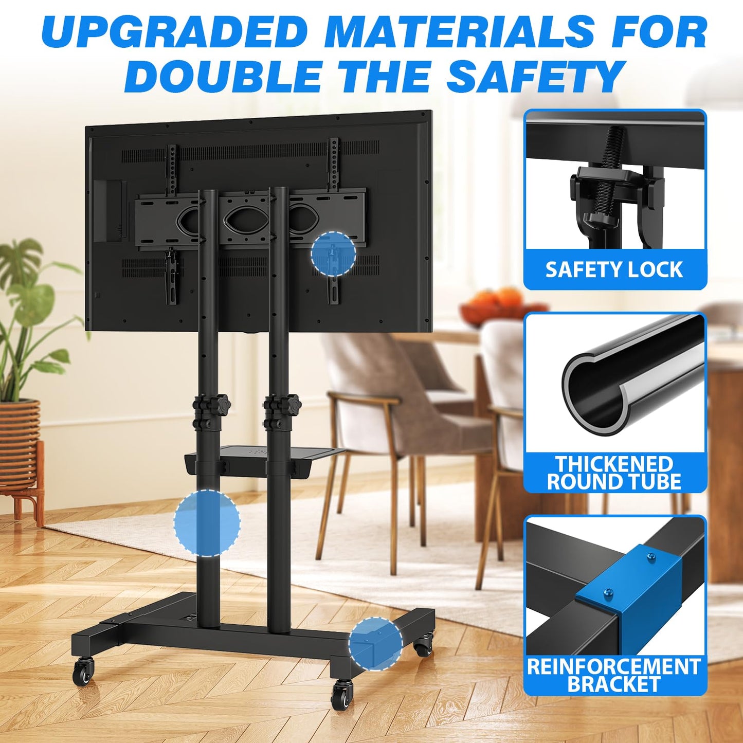 Rfiver Mobile TV Cart Rolling TV Stand for 32-83 Inch Screens up to 110lbs, Portable TV Stand on Wheels with Height Adjustable Shelf, Outdoor TV Stands Mount for Home Office MAX VESA 600x400mm, Black